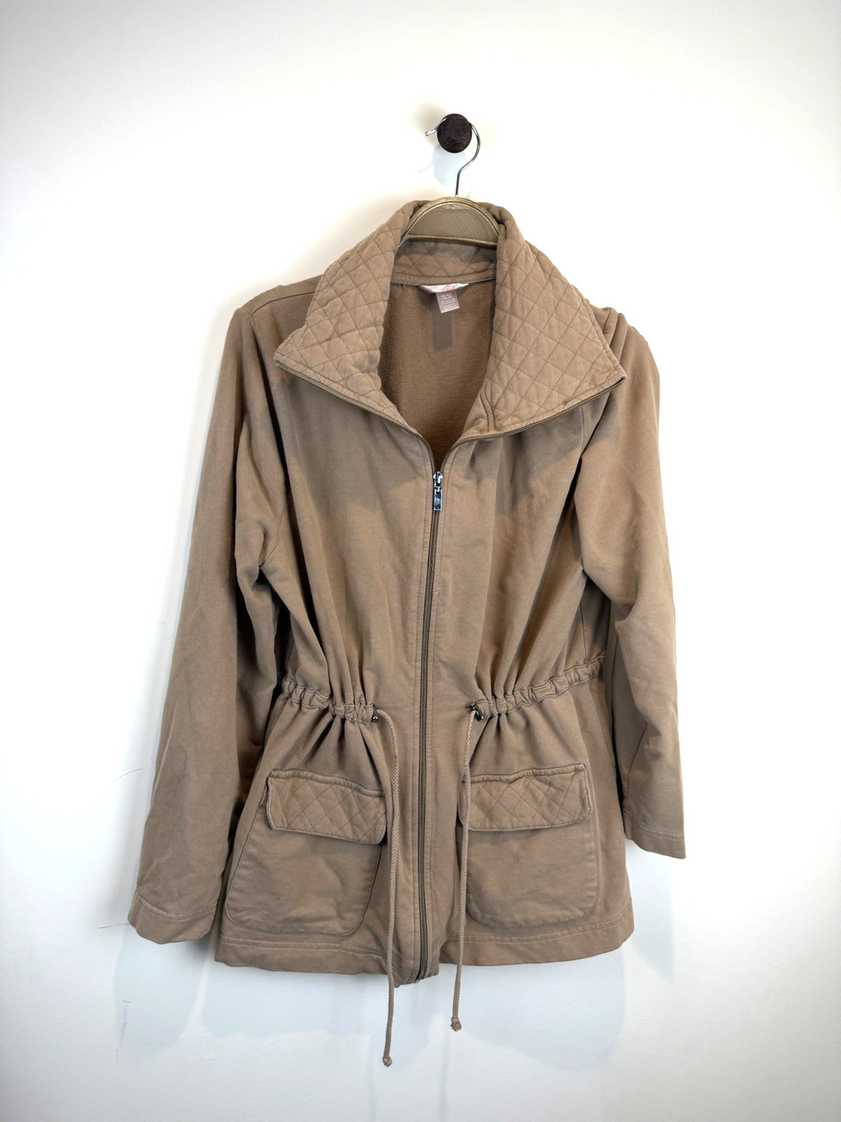 Vintage White Stag Tan Quilted Drawstring Zip Up Slouch Collar Shacket XL