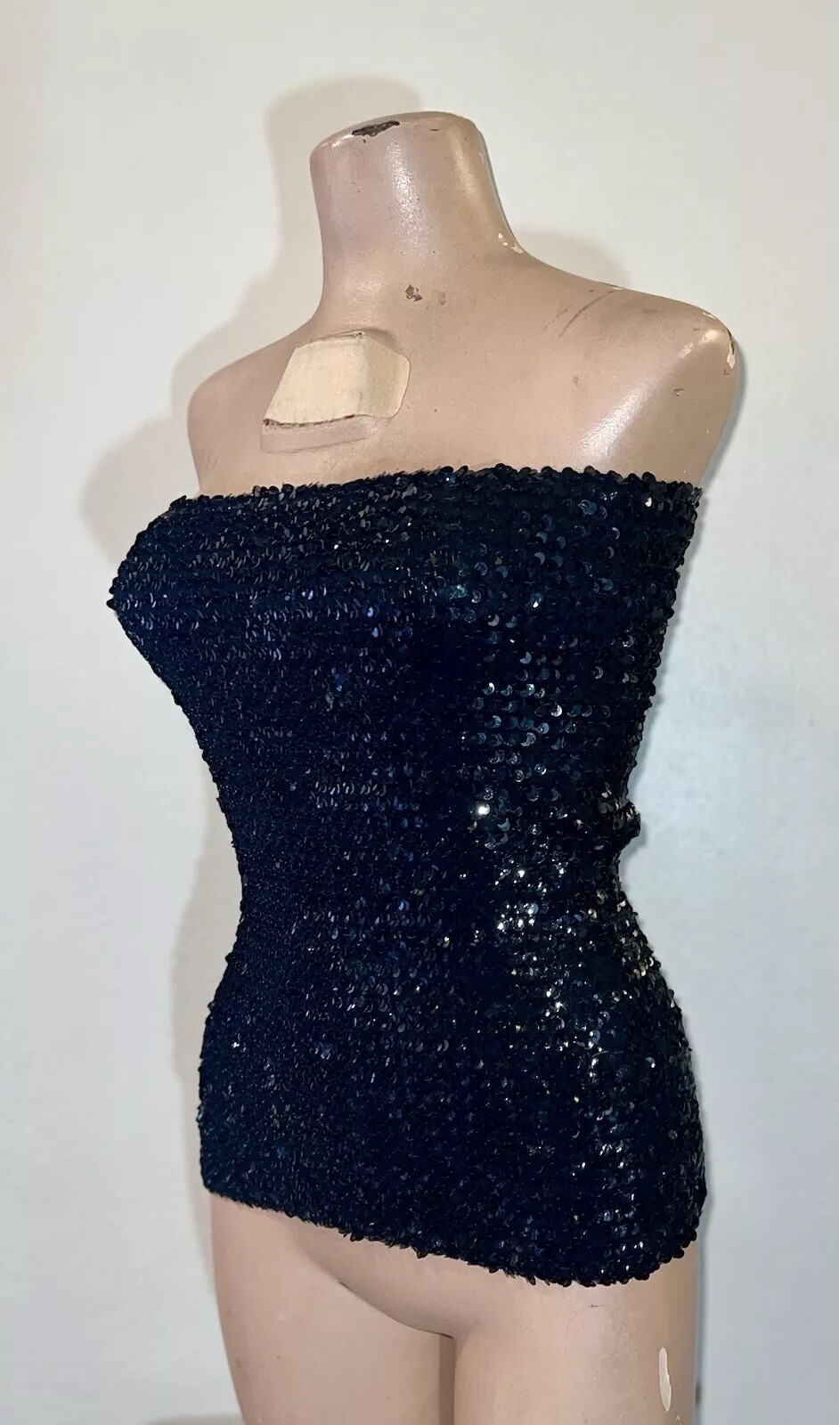 Vintage 1970-80’s Black Sequined Large Tube Top Strapless Sz S Disco