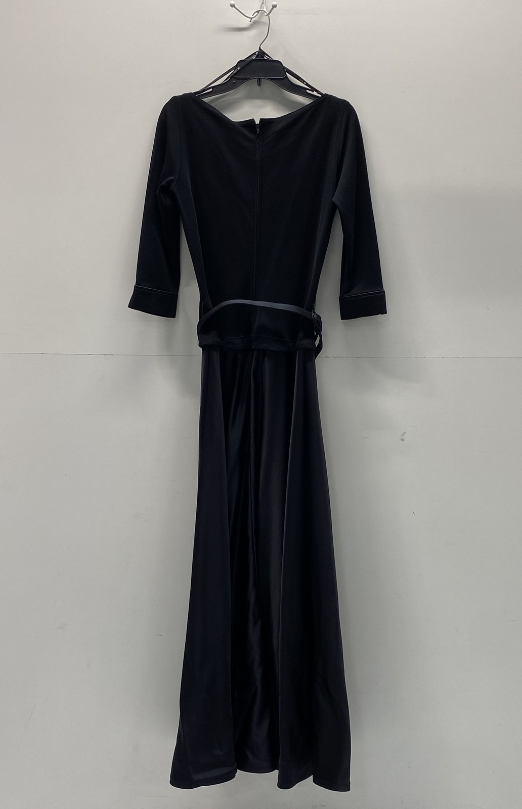 Vintage 90s Tadashi Women’s Black Gown Dress Belted 3/4 Sleeve Made in USA Sz 8