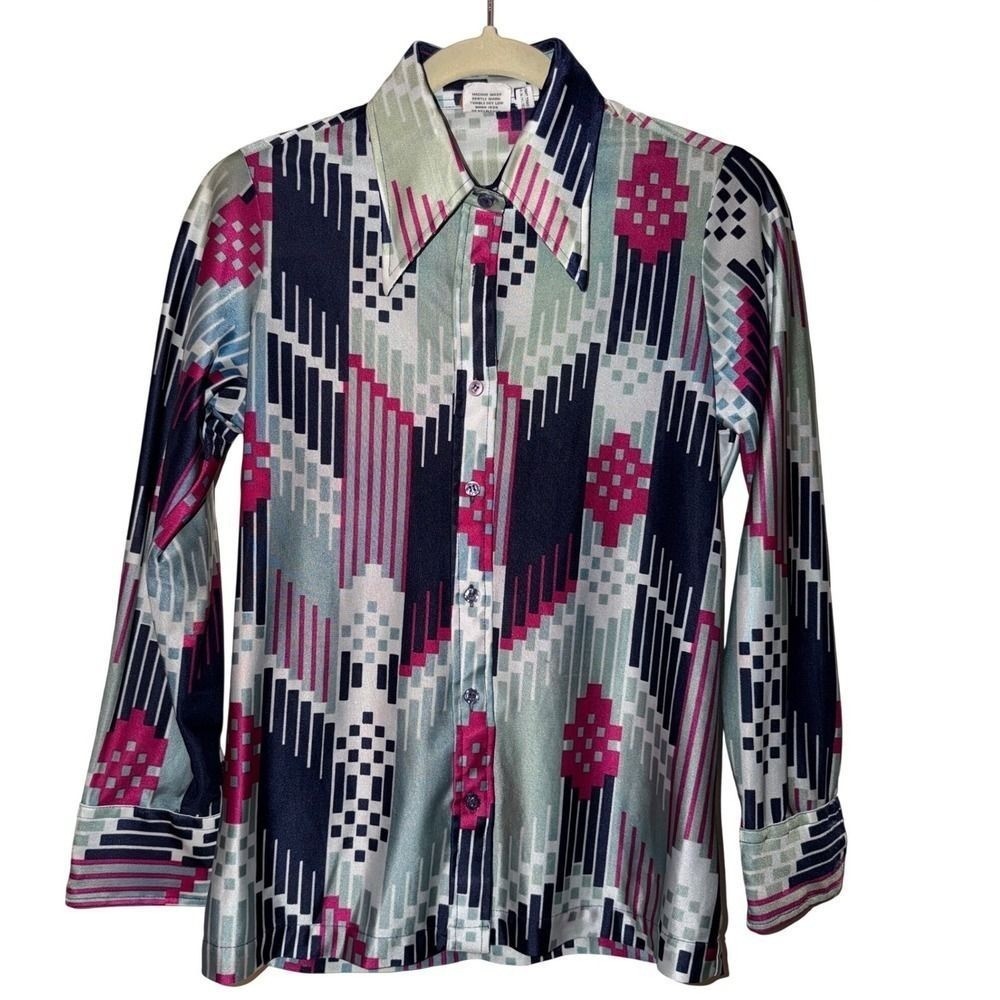 Vintage 70s Geometric Print Button Up Blouse Disco Glam Top Size M