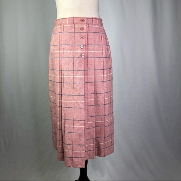 VINTAGE the Wyndham Collection pink herringbone plaid wool midi skirt 12