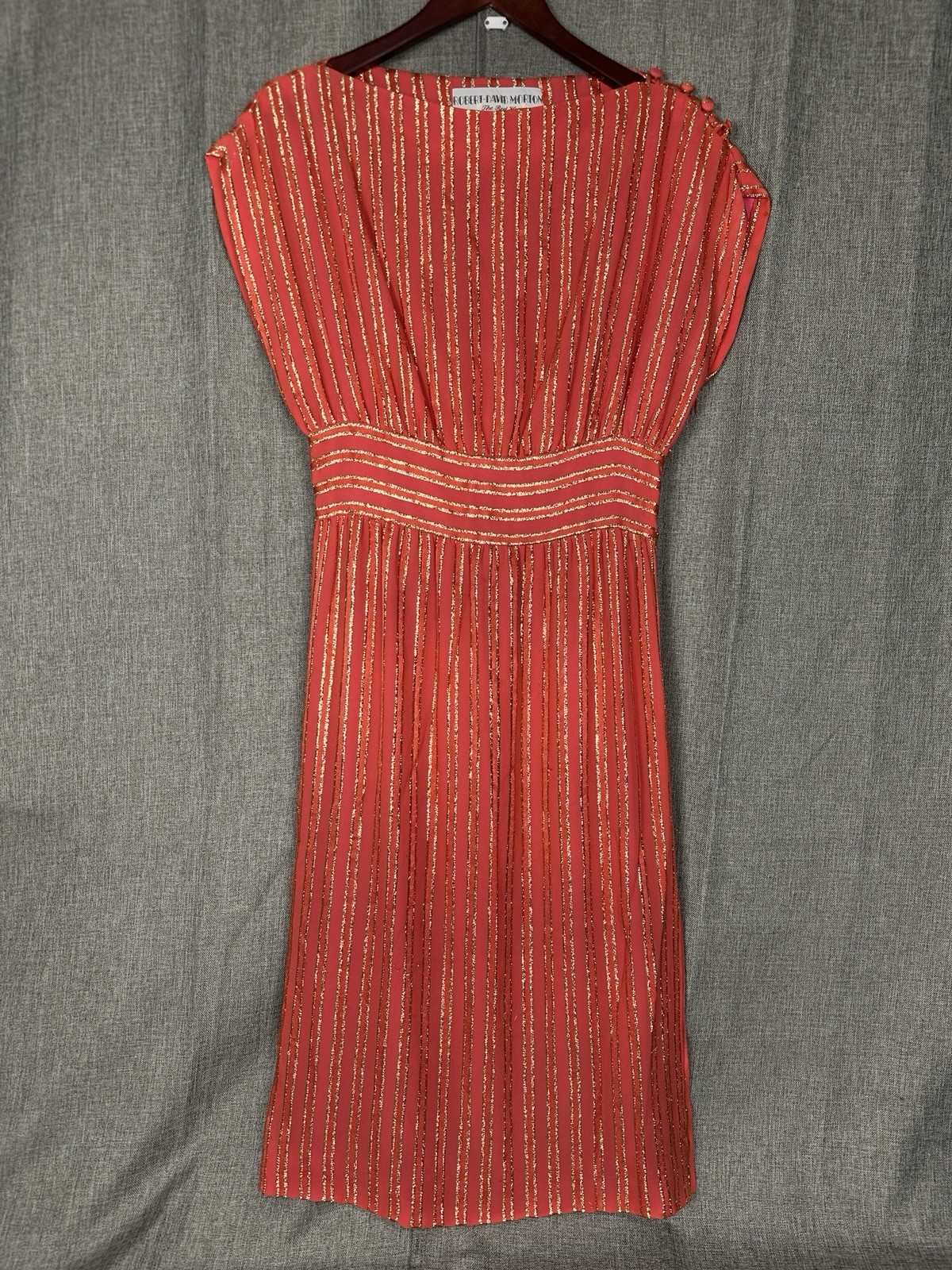Vintage Robert-David Morton Orange Gold Metallic Stripe Cocktail Dress 70s Small