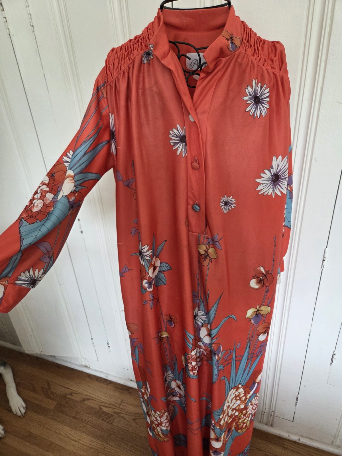 Vintage Plaza 9 Large Orange Floral House Dress Nightgown 1960s Retro Hawaiian