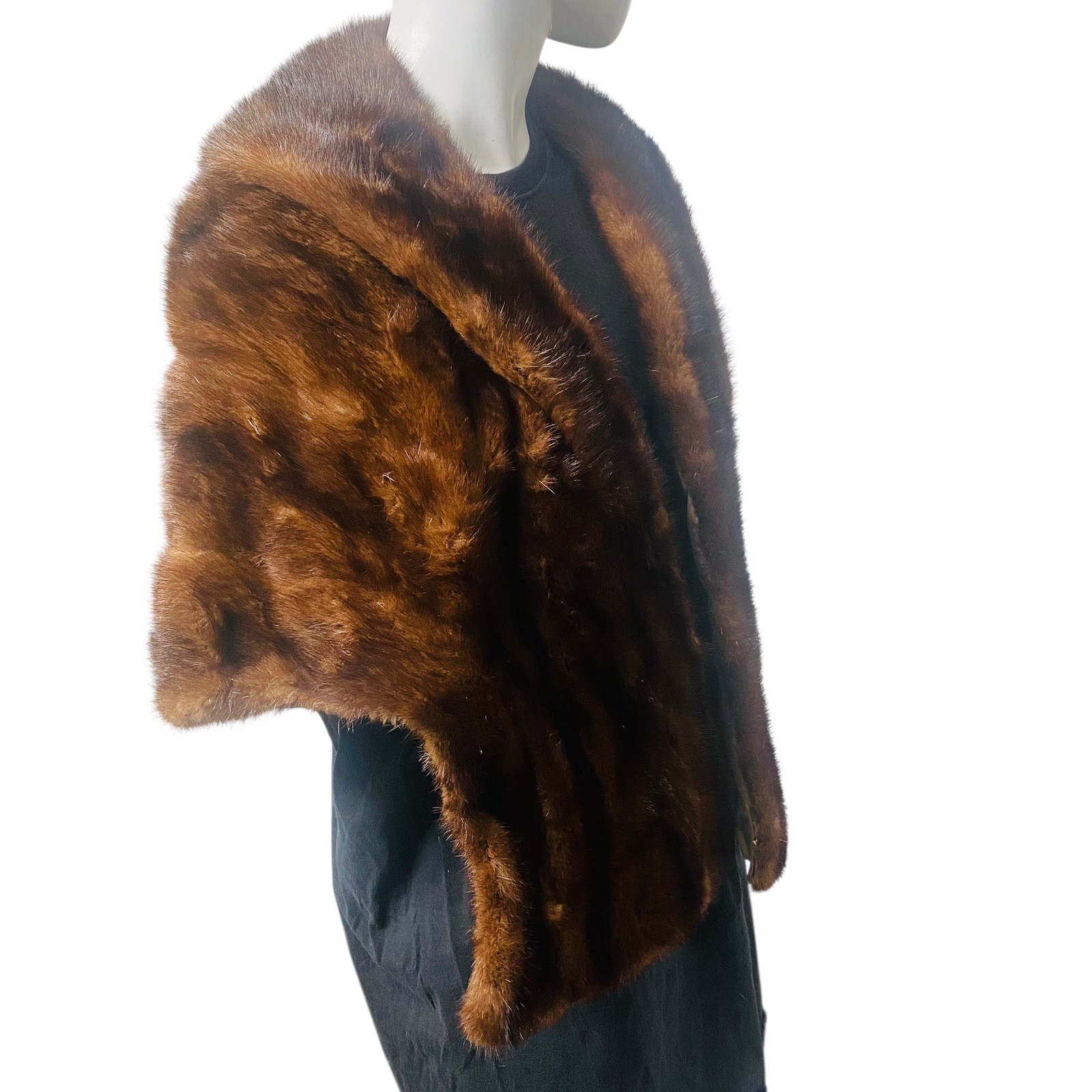 Vtg MINK Fur Stole Shawl Cape Capelet Mahogony Brown Couture Tails Pockets NICE