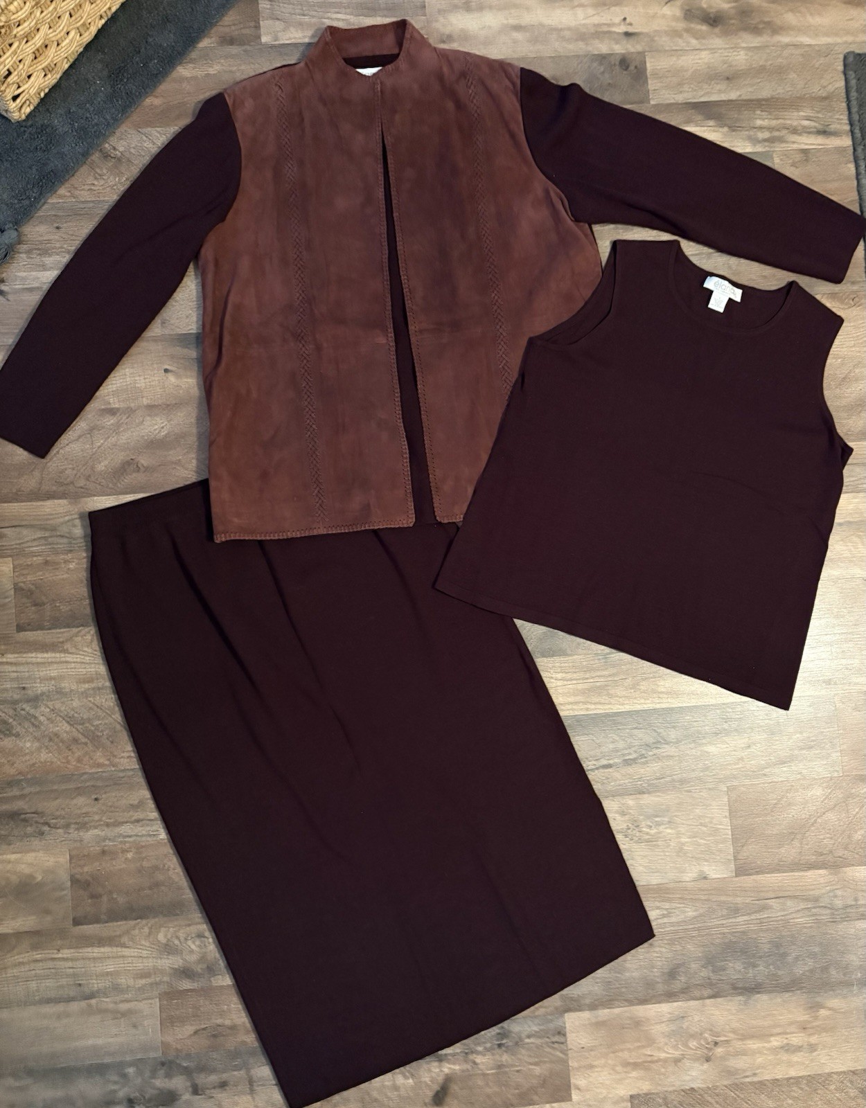 Vintage Elana By Tanner Burgundy 3 Piece Leather And Wool Skirt Set 1X