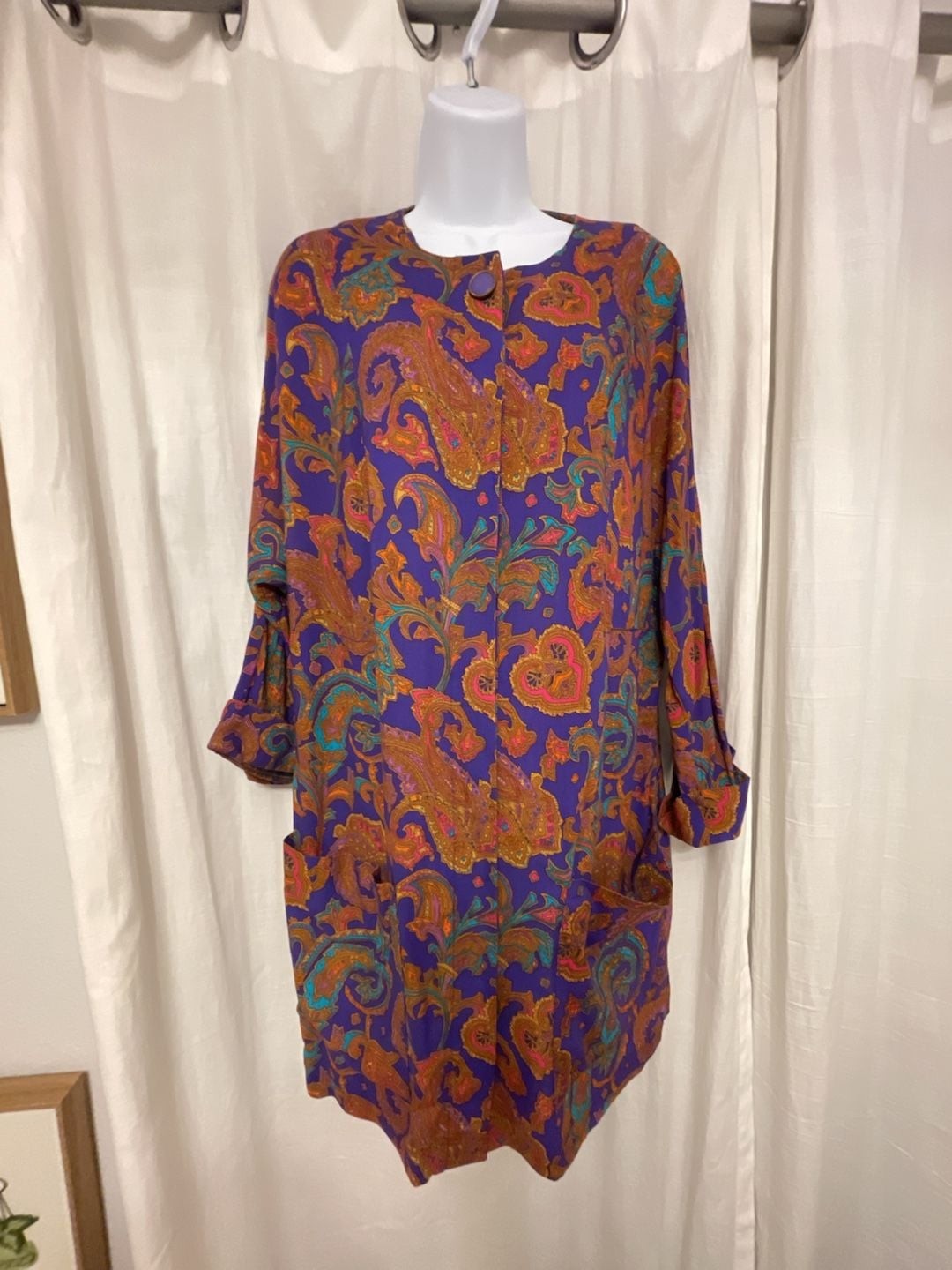 Vintage Damon Purple Paisley Notch Neck Shift Dress with PocketsUnion madeUSA