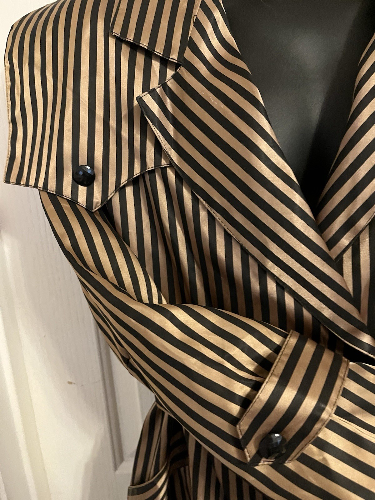 VTG 90s Cache Blazer Jacket Black Gold Striped Belted Satin Finish Mod Disco S/M