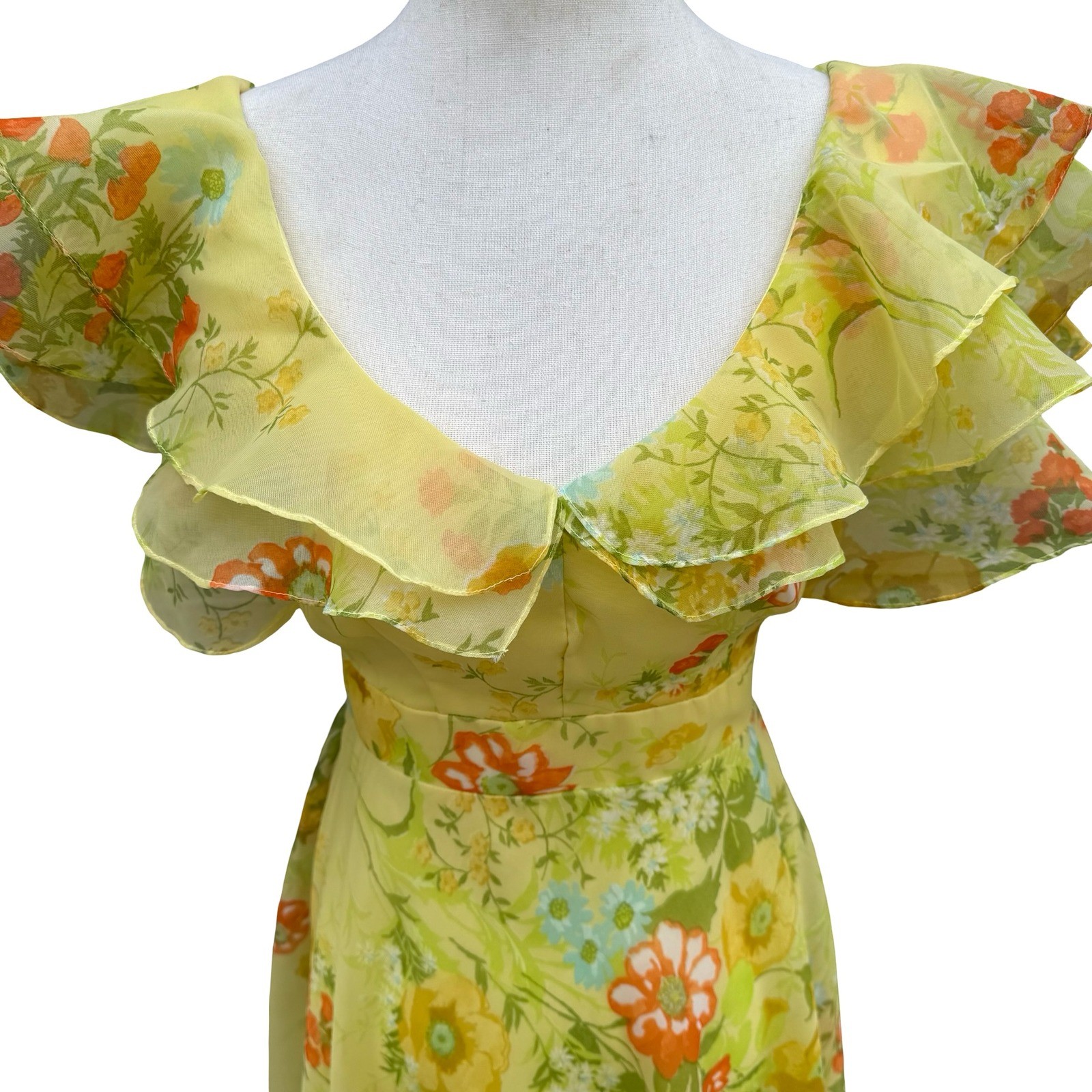 Vintage 70s Butter Yellow Floral Cottagecore Chiffon Ruffle Tiered Maxi Dress XS