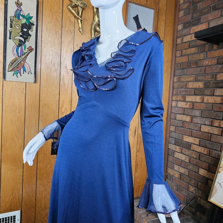Vtg 70s Trumpet Chiffon Ruffle Navy Disco Goddess Hostess Maxi Formal Dress S/M