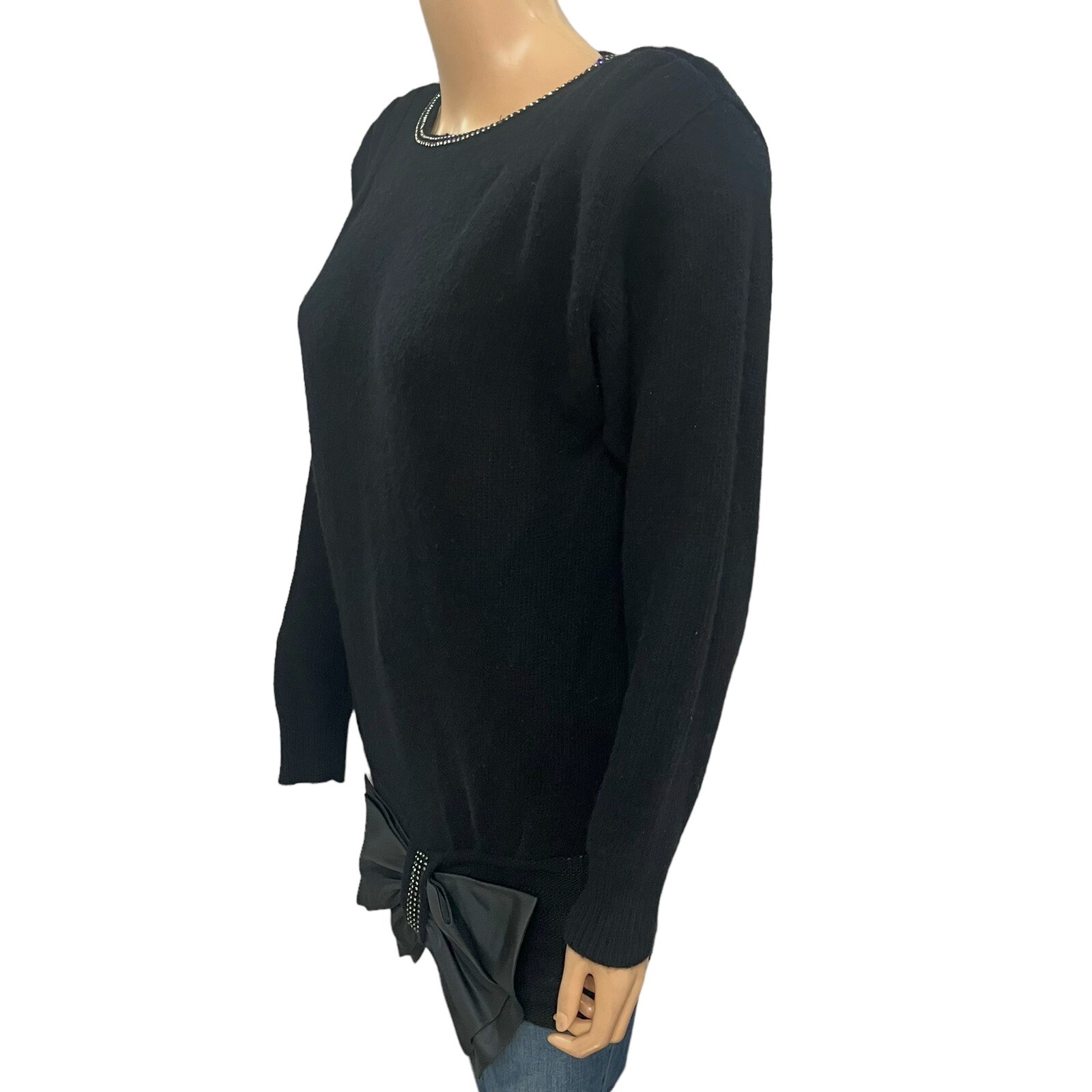 80s VTG Teri Jon Rhinestone Sweater Size 8 Bow Wool Angora Glam Coquette Holiday