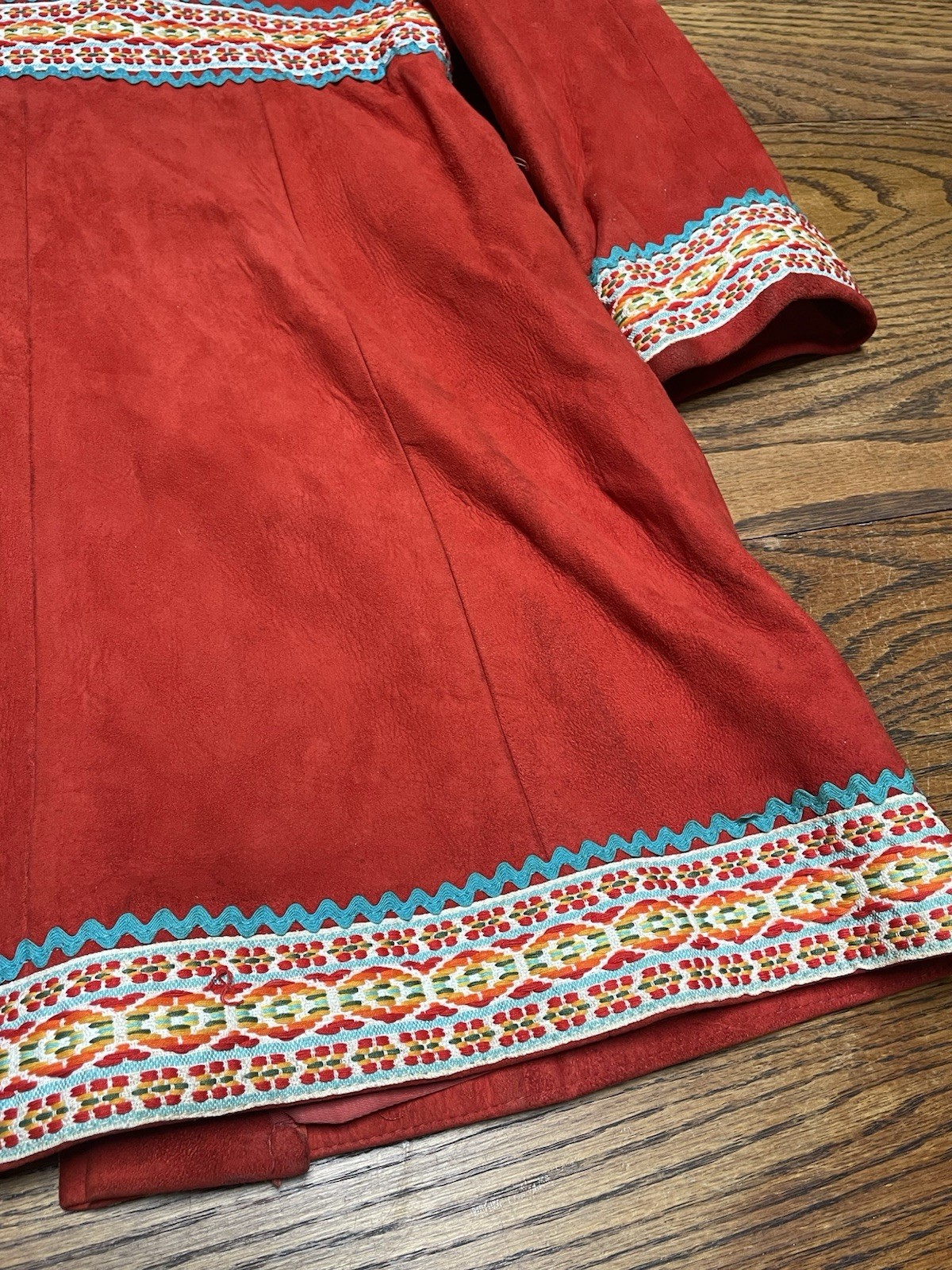 Vintage Bohemian “Suede” Sherpa Style Jacket Red Orange Boho Retro 60s 70s