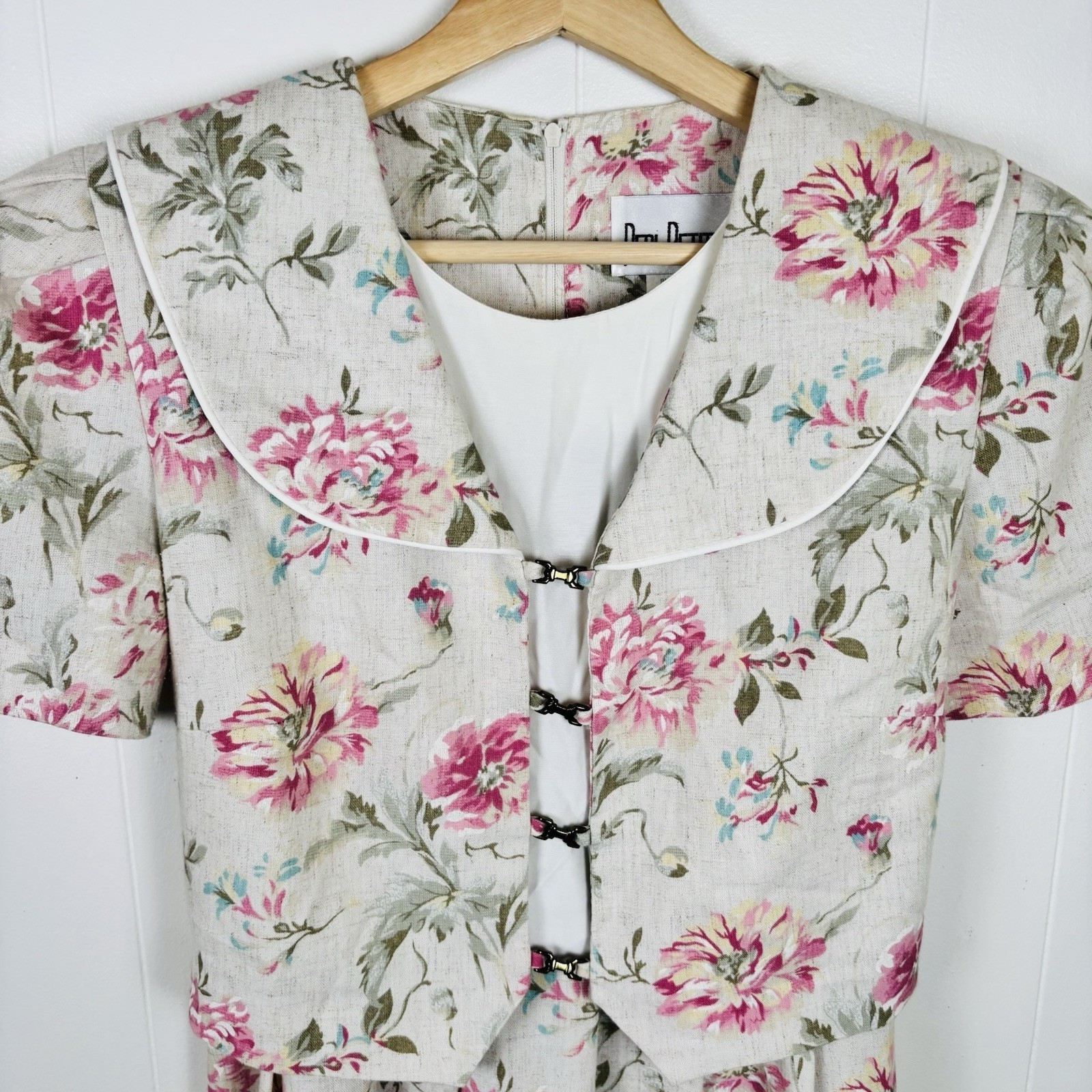 Vintage Peri Petites Dress Womens 10P Flax Blend Pink Floral Cottage Midi Dress