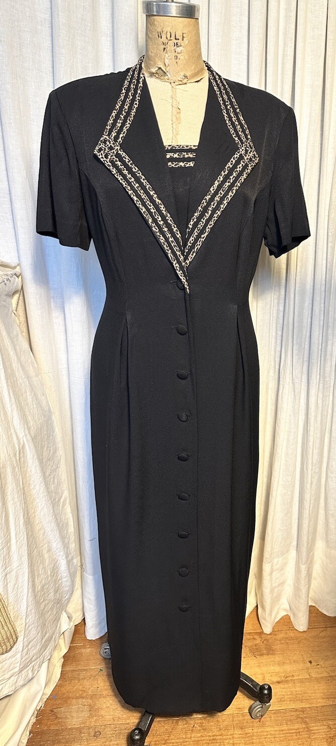 Vintage S.L. Fashions Blk Leopard Accent S Sleeve Long Shirt Dress Sz 12 Used