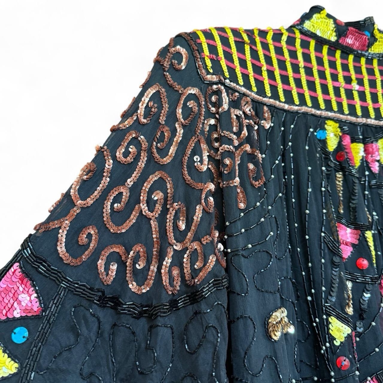Vintage 100% Silk Hand Beaded Sequin Jacket Duster Made in India Free Size