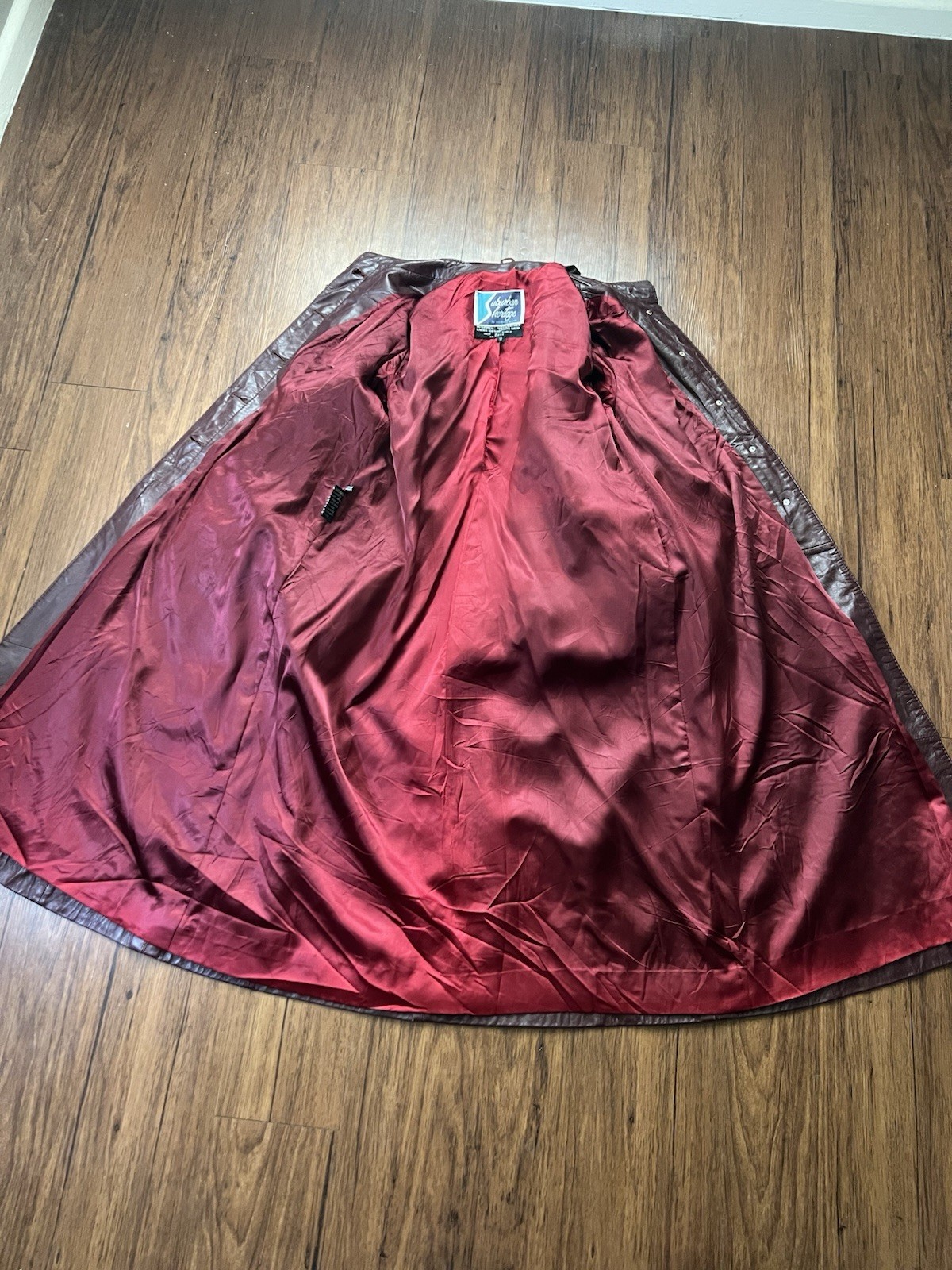 Vintage Suburban Heritage Leather Trench Coat Size 12 Burgundy Red Button 70s