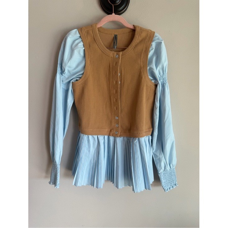 Anthropologie Mixed Media Ribbed Knit Peplum Top Tan Blue Smocked Sleeve Medium