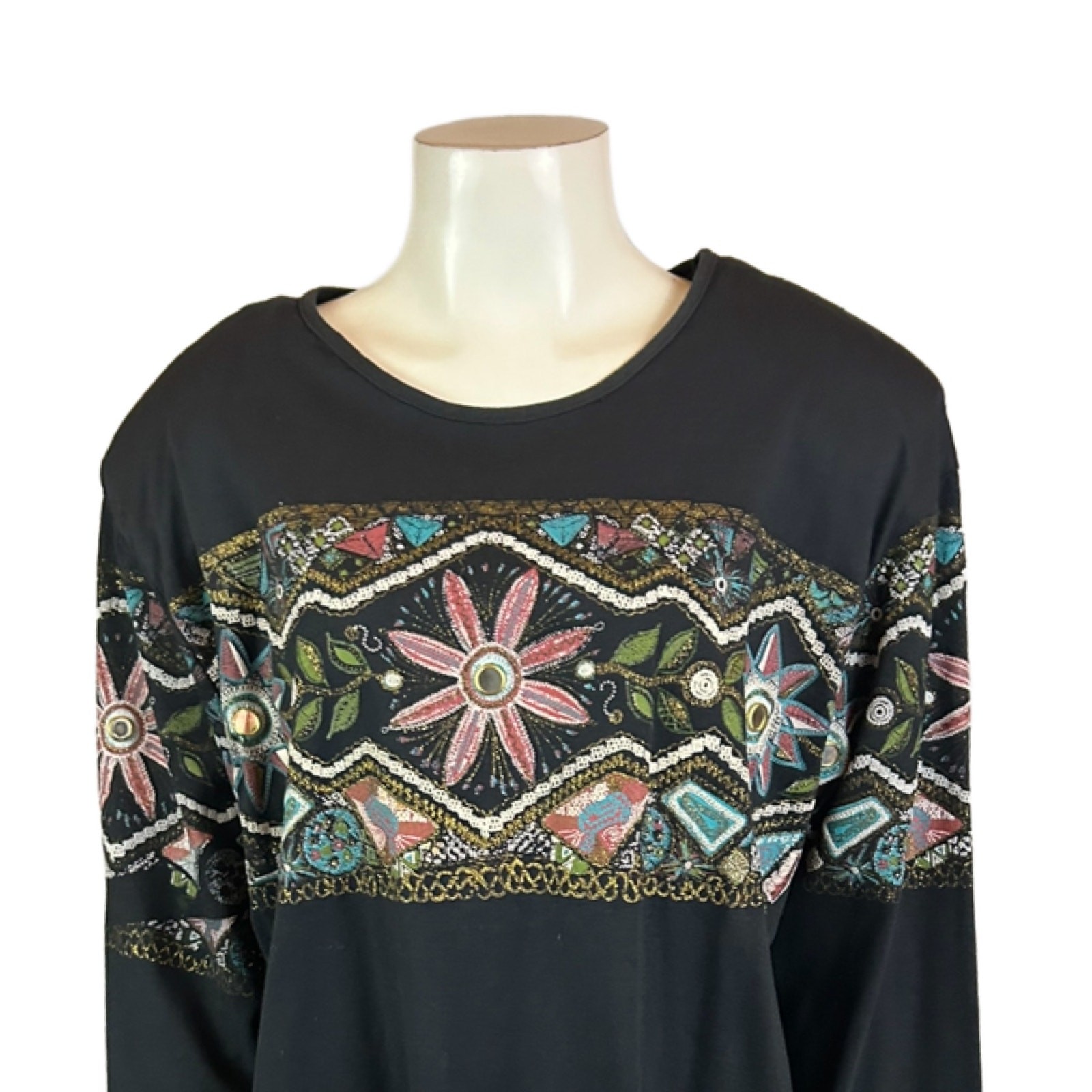 Vintage 90s Southwestern Floral Stripe Top Sleeve Cottagecore / Women’s Plus ^