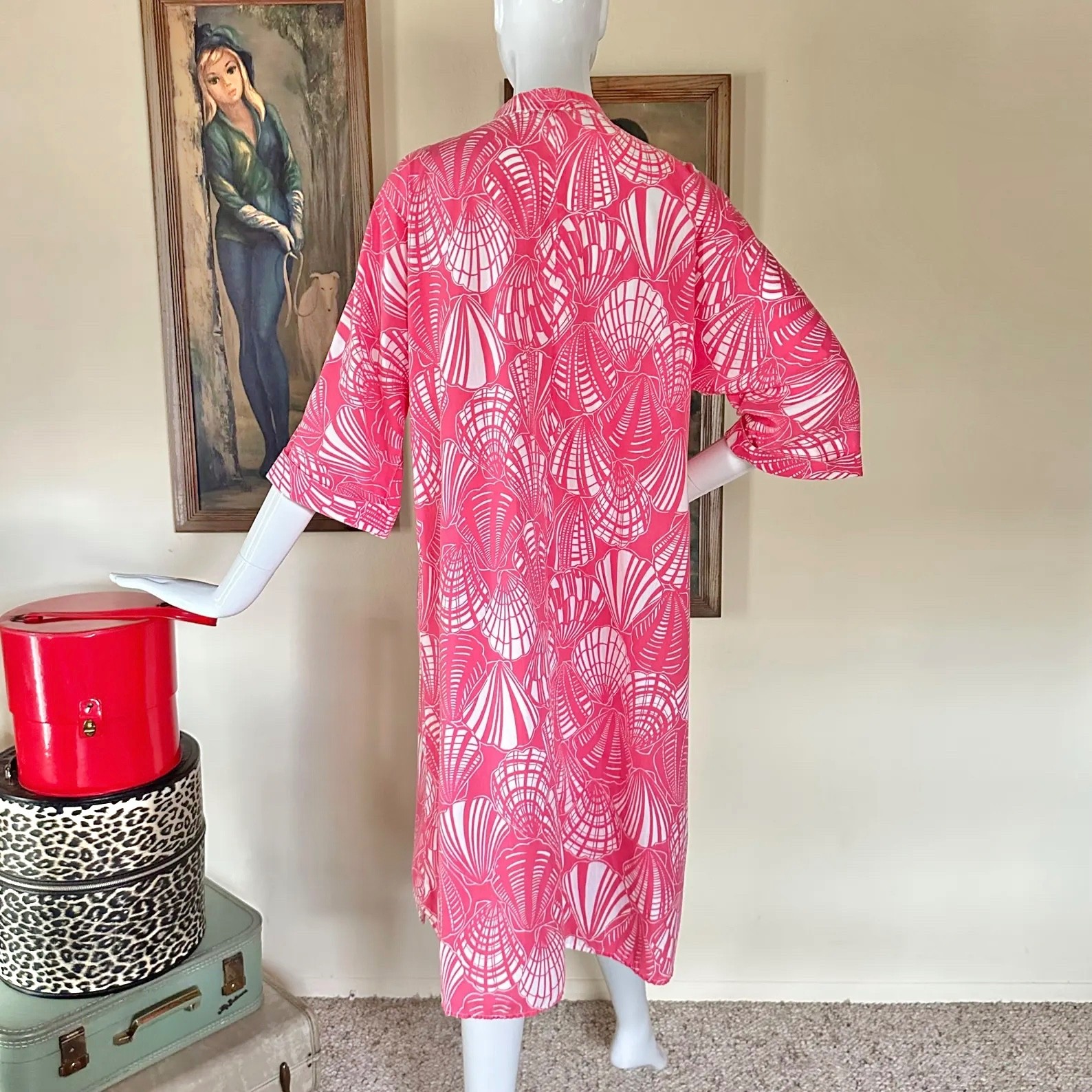 Vintage 70s Mr Hank Preppy Hot Pink Seashells Print Beach Cover-up Shirt Dress L