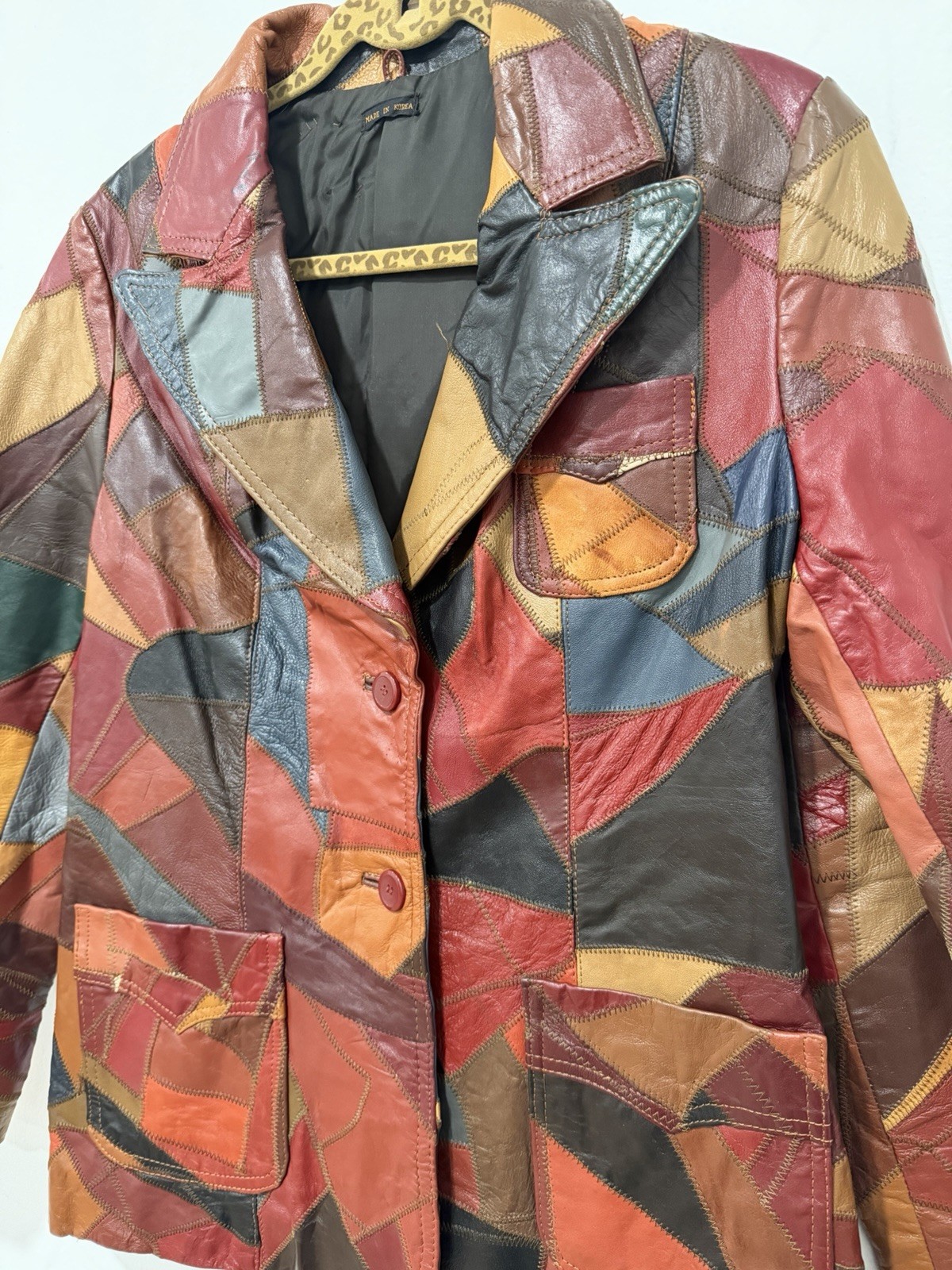 Vintage Women’s Patchwork Multicolor Leather Jacket Stylish Retro Outerwear