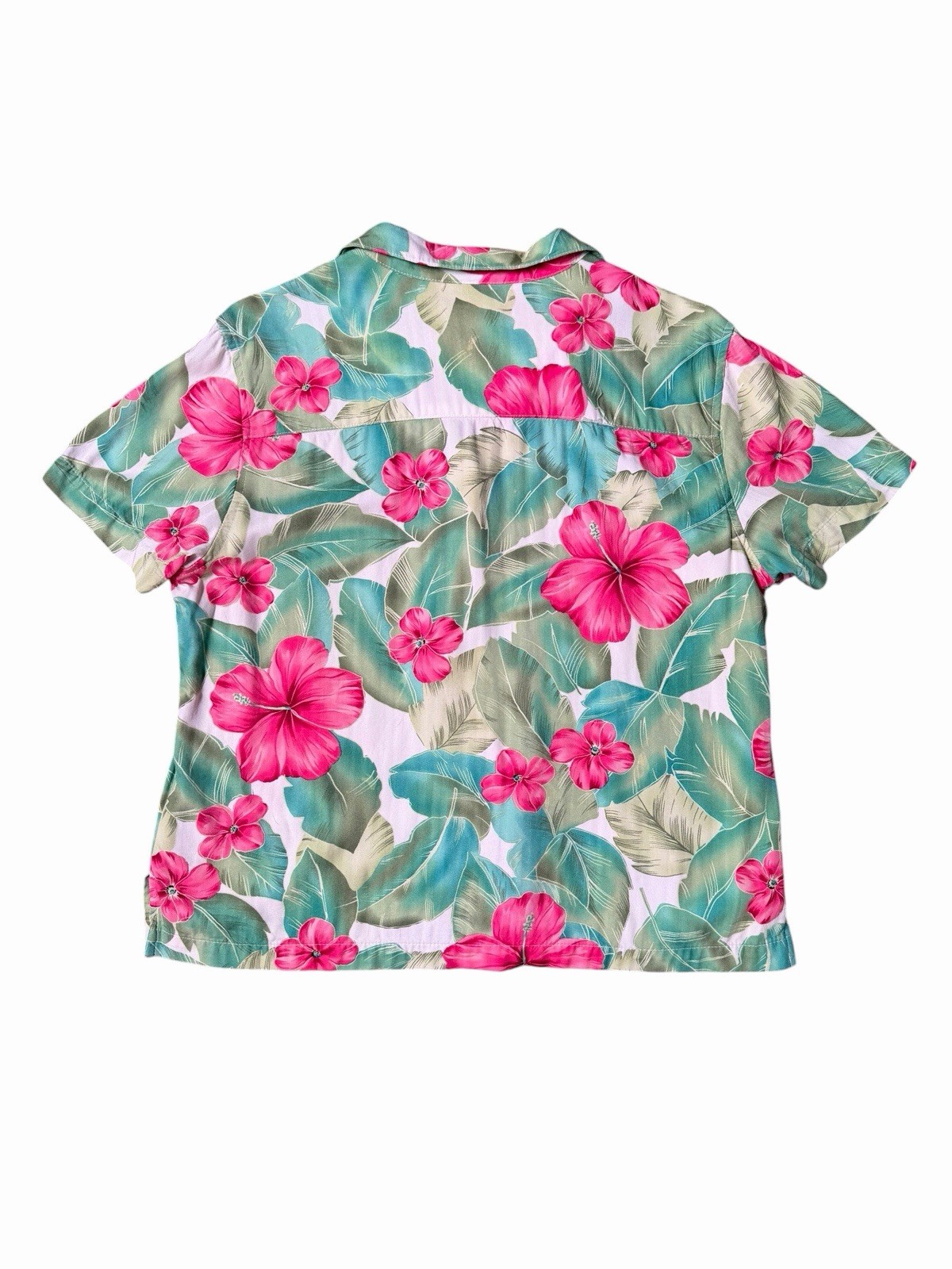 Vintage La Cabana Hawaiian Camp Shirt Womens Large Pink Hibiscus Floral Rayon