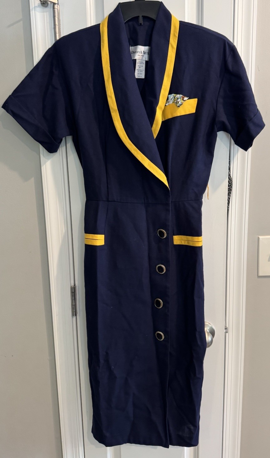 VTG 80s Danny & Nicole New York Blazer Wrap Dress Navy Yellow Size 8 Career