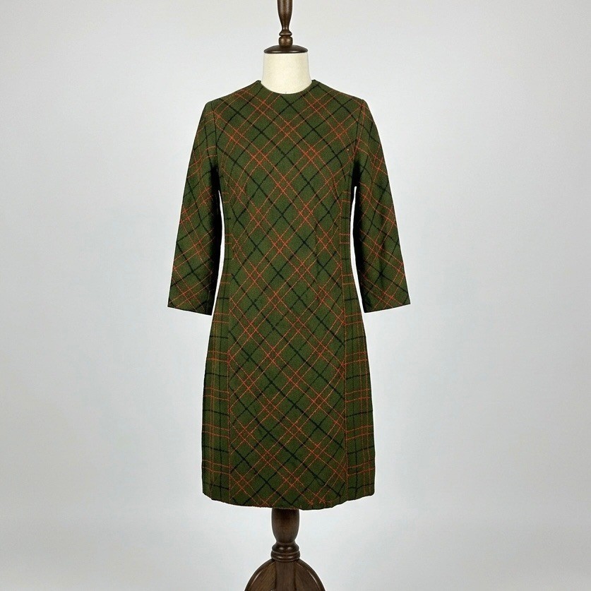 Vintage Dutchmaid Ephrata Green Plaid Shift Dress 3/4 Sleeve Talon Zip Size 32
