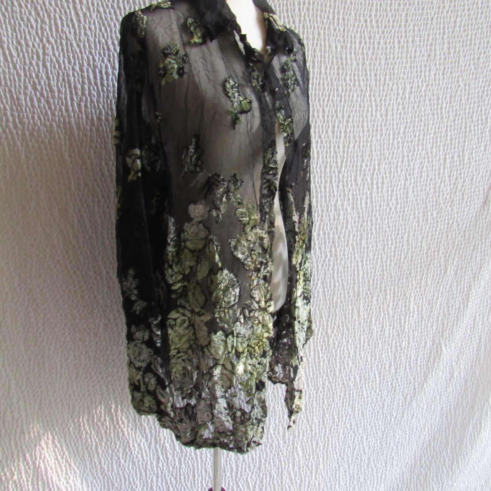 Evening Shirt Cardigan Wrap Green Velvet 3D Metallic Embossed Top XL Vtg Jacket