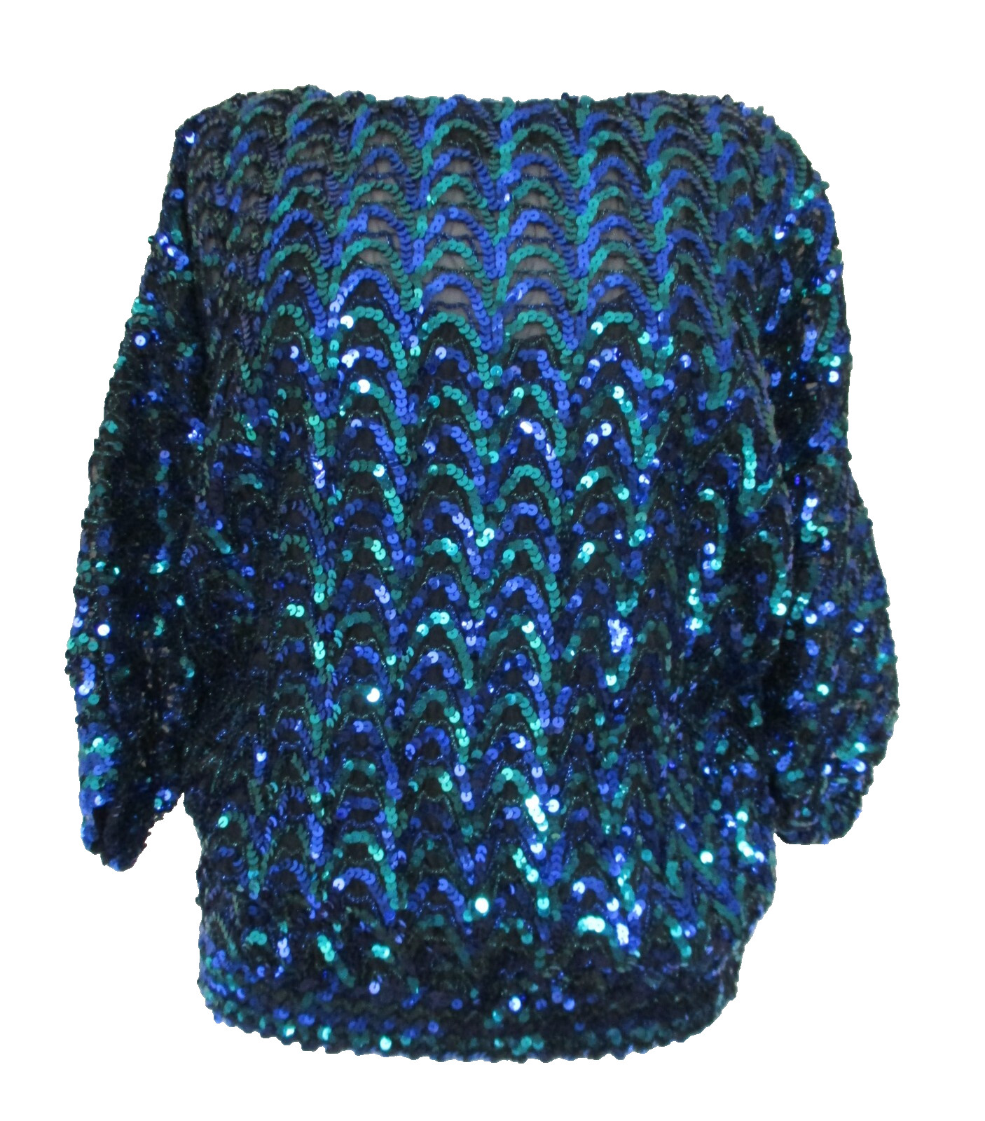 Vintage Three Flaggs Sequin Top M Women Green Blue Black Dolman Sleeve