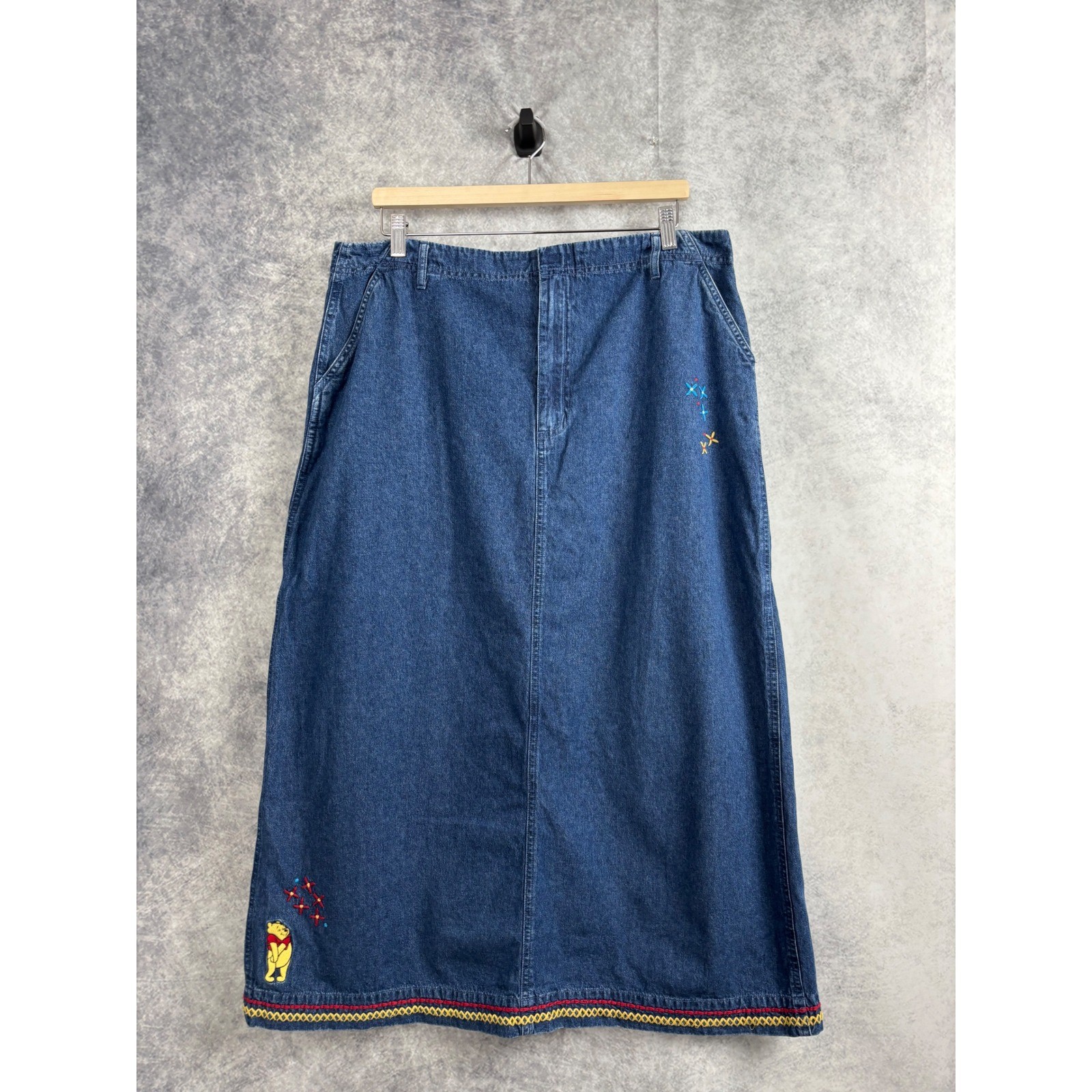 Vintage The Disney Store Winnie the Pooh Embroidered Denim Maxi Skirt Size XL