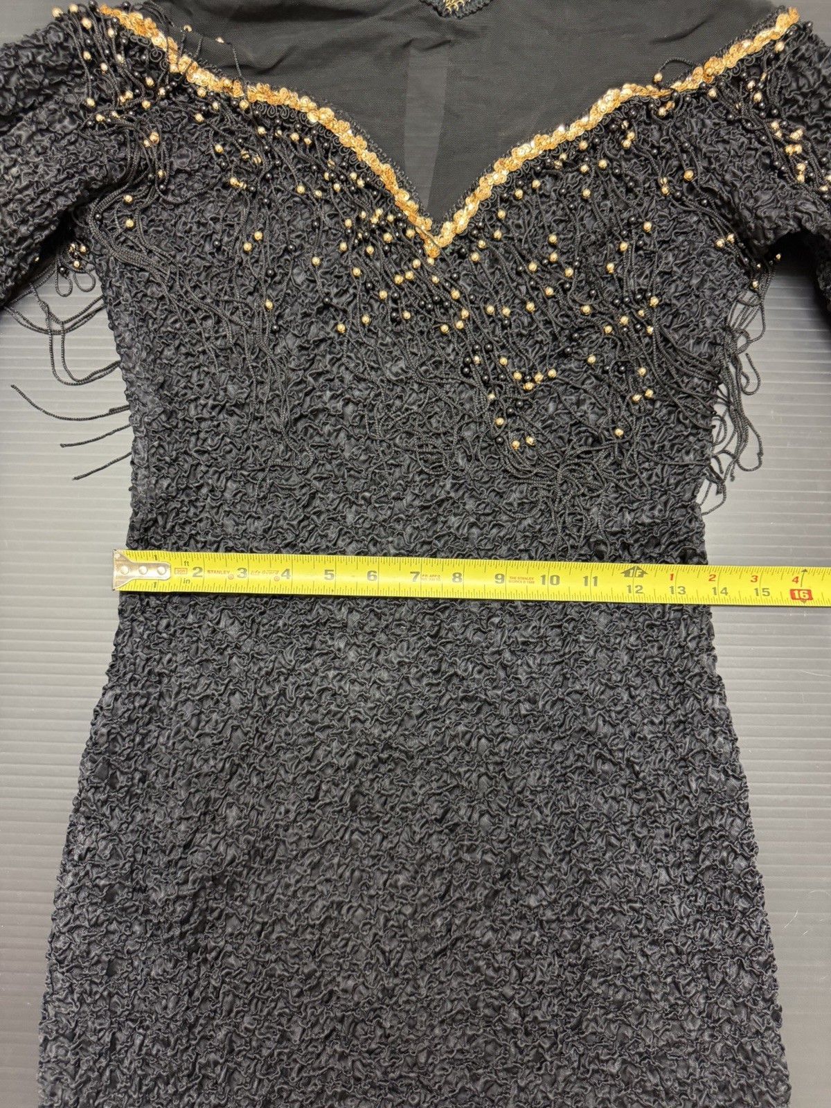 Vintage 4-U Stretch Dress XL Black Gold Beaded Made in New York USA