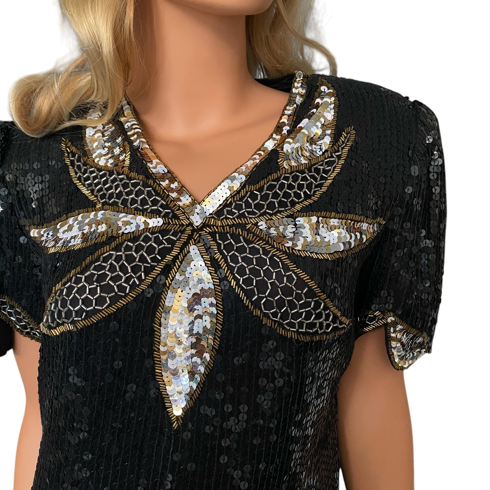 80s Sequin Beaded 100% Silk Black Gold Top Evening Sz S VTG Glamorous Party