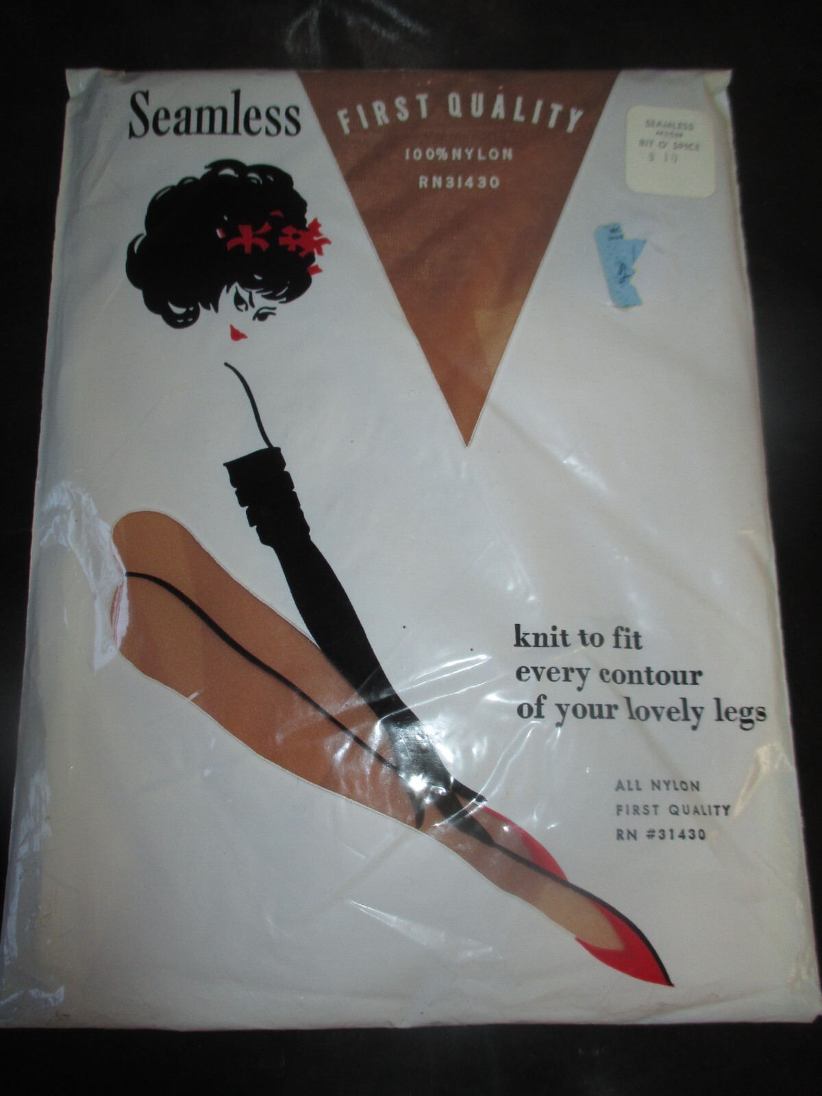 FIRST QUALITY Vintage BIT O’ SPICE Nylon SEAMLESS STOCKINGS – Size 10 – 1970’s