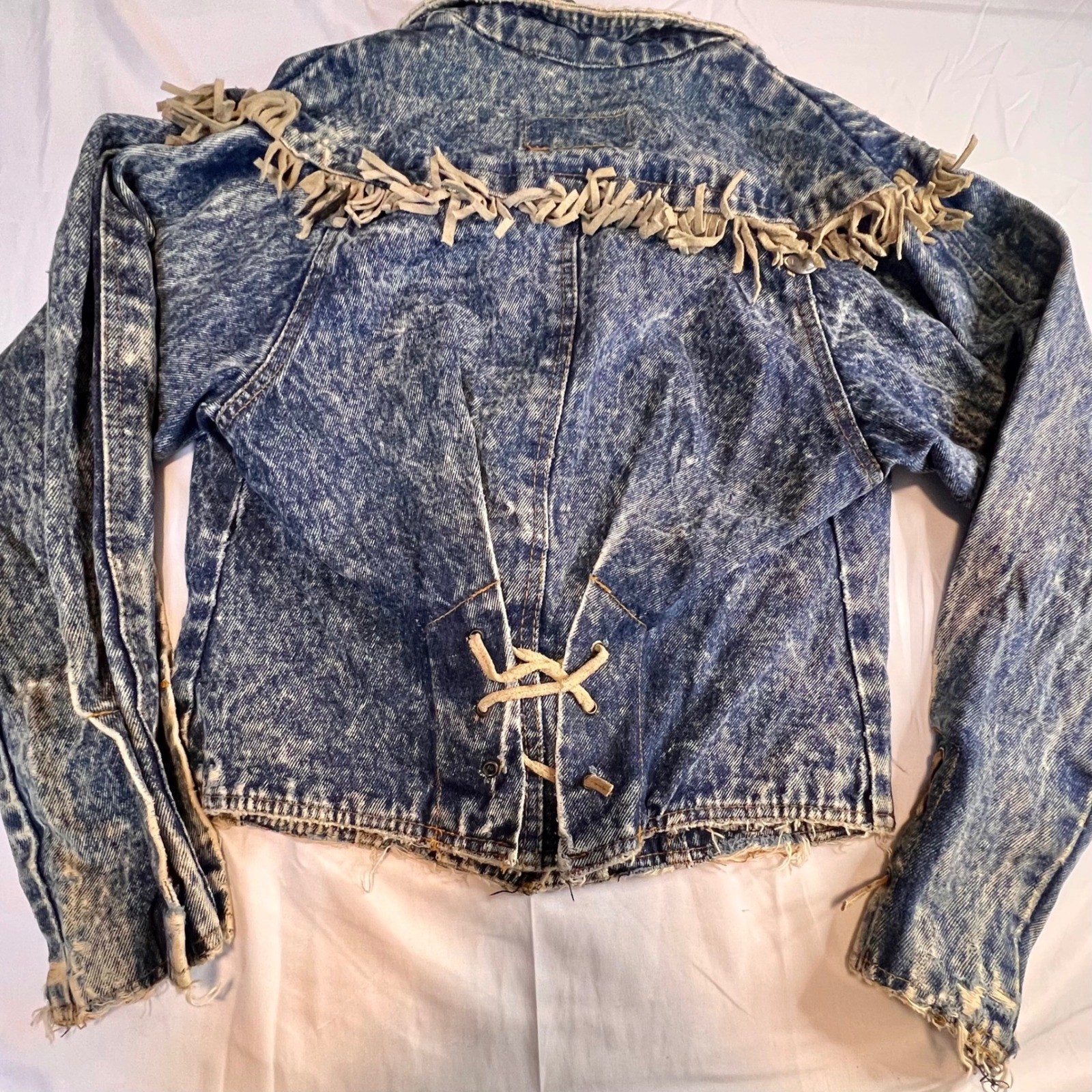 Learsi S Acid Wash Denim Jean Jacket Blue Fringe LaceUp Western 80s Retro Grunge