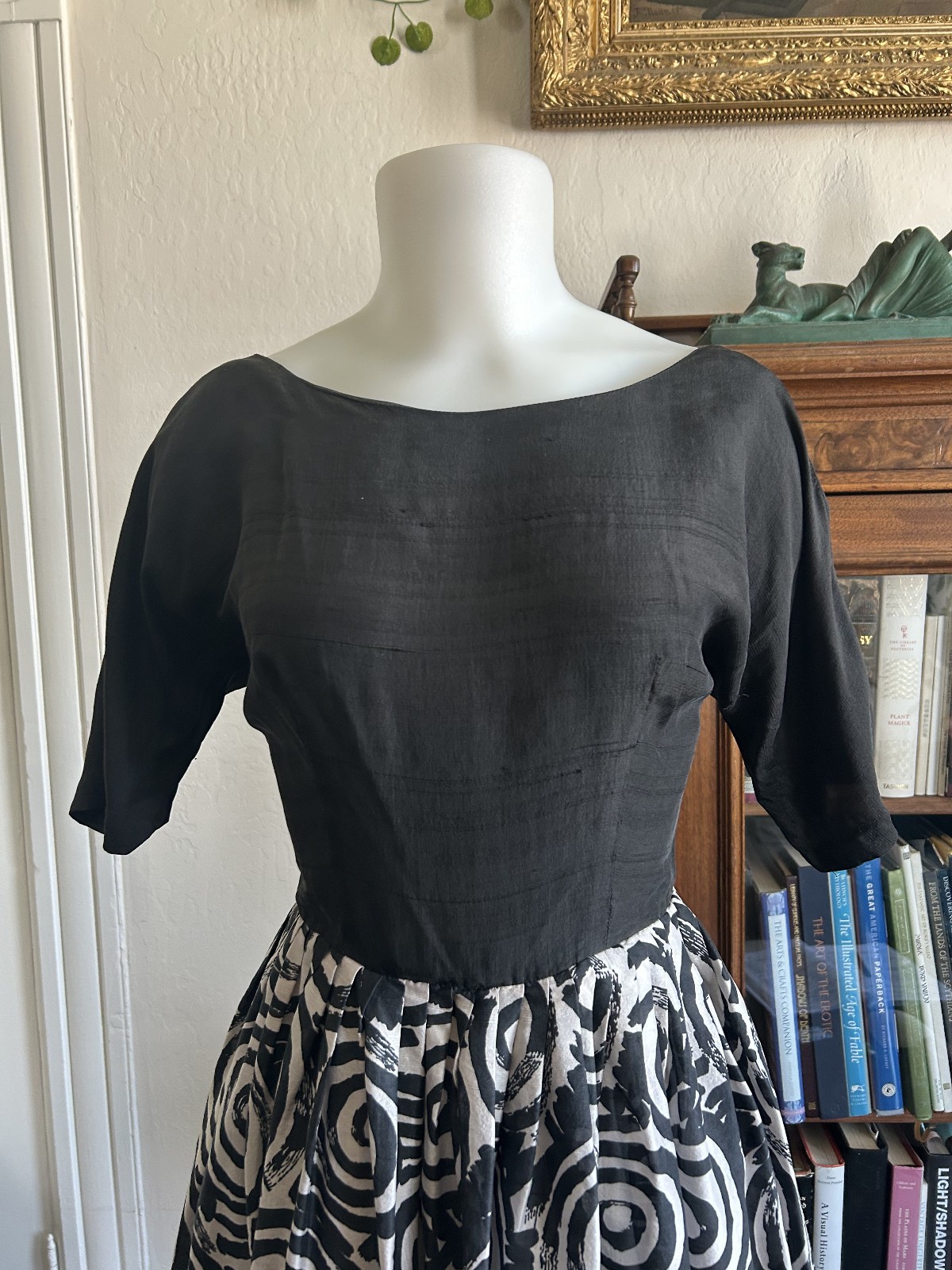 Vintage 1950s 100% Raw Silk Black & White Tea Dress-Boat Neck Fit Flare 27W Sm