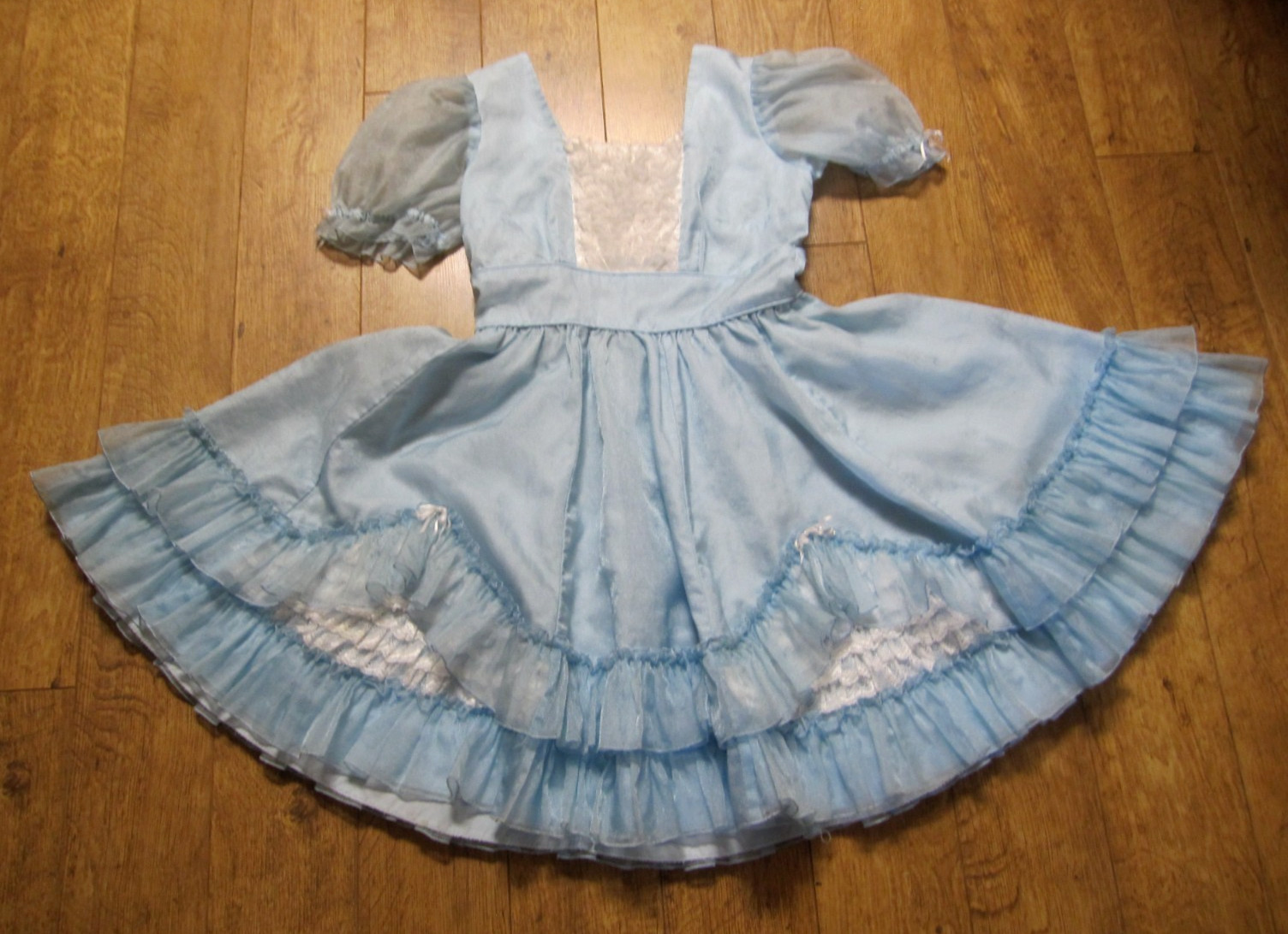 Vtg SQUARE DANCE PRAIRIE DRESS Blue Organza Ruffles Rows of White Lace Sz 12/14