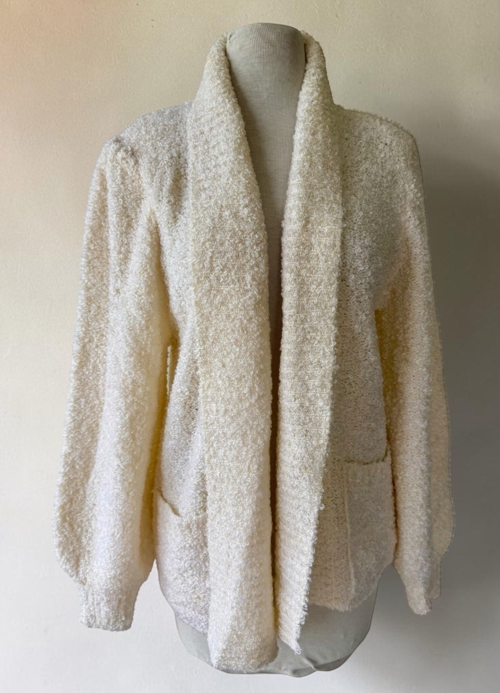 Vtg 80s Adele Joyce White Chenille Boucle Chunky Knit Cardigan Sweater Sz S 90s