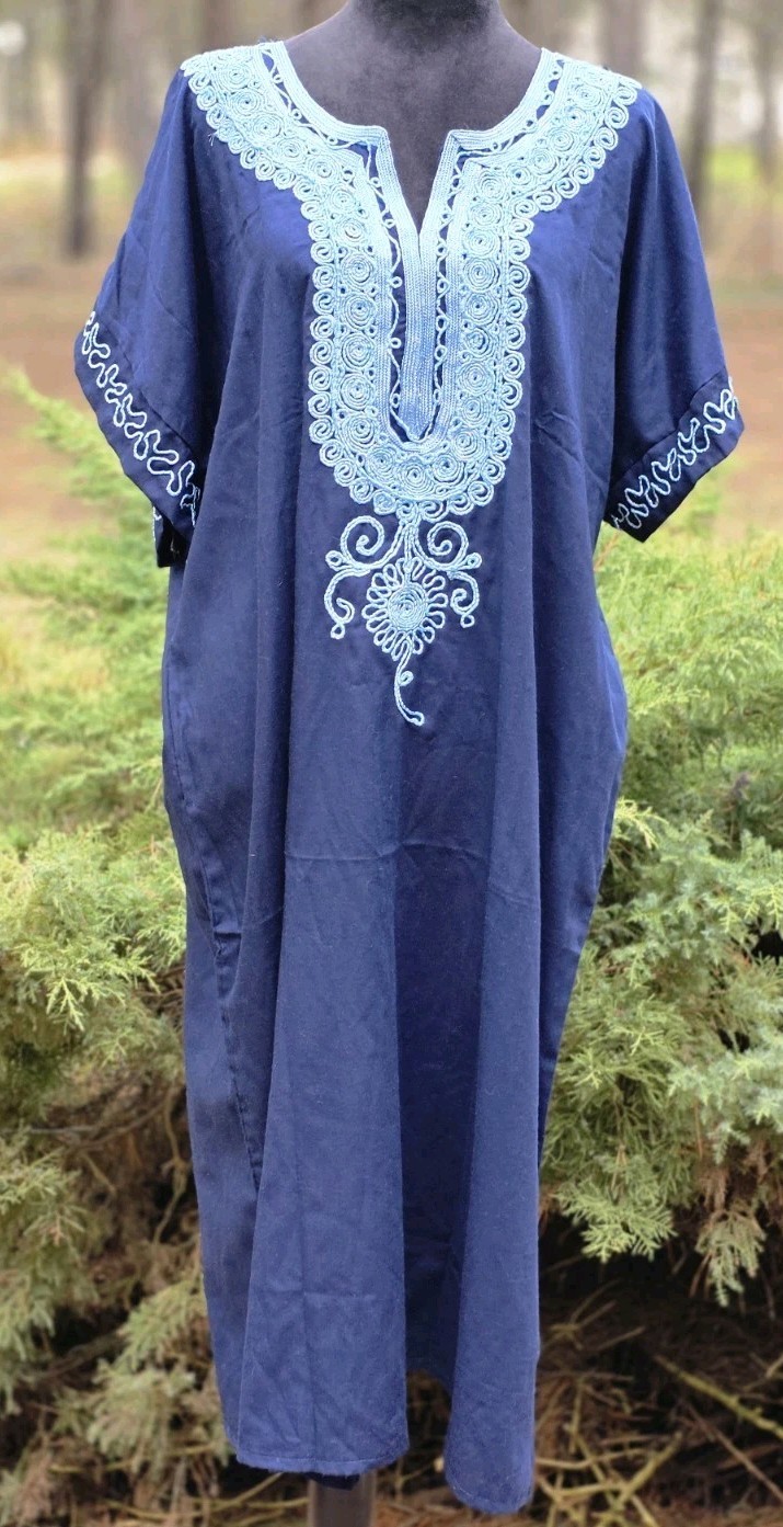 Vintage Egyptian Cotton Kaftan Navy Blue Embroidered Made in Egypt XL H.W. BRSY