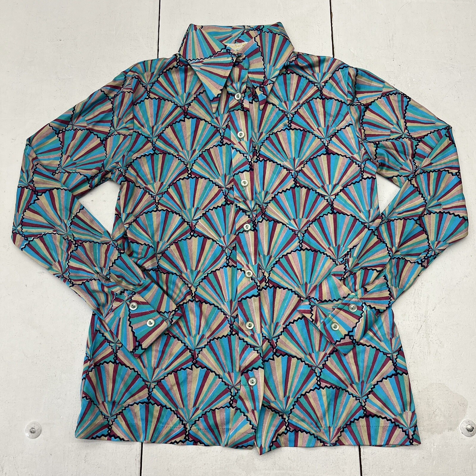 Vintage Helen Sue Bright Colorful 70’s Novelty Long Sleeve Button-Up Womens M