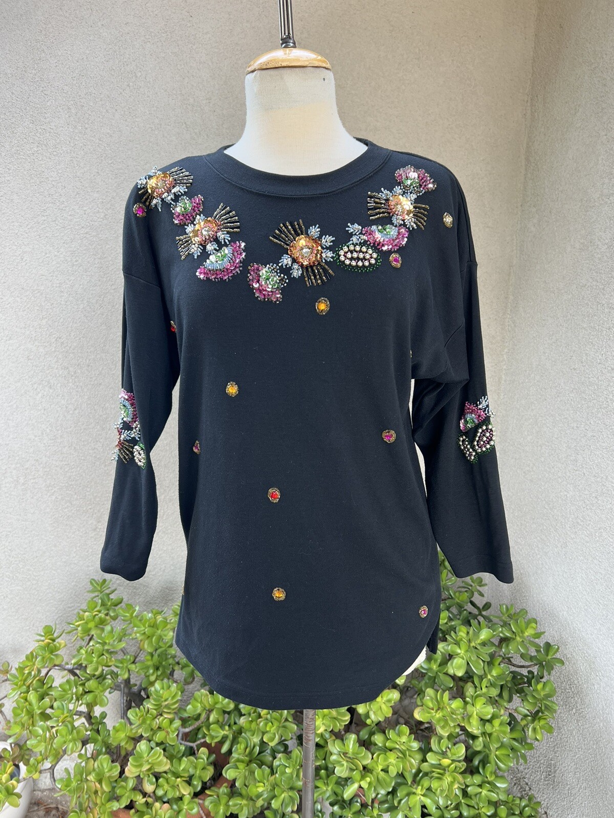 Vtg Top Sweatshirt glam black tunic beads sequins Size Medium By Eminent