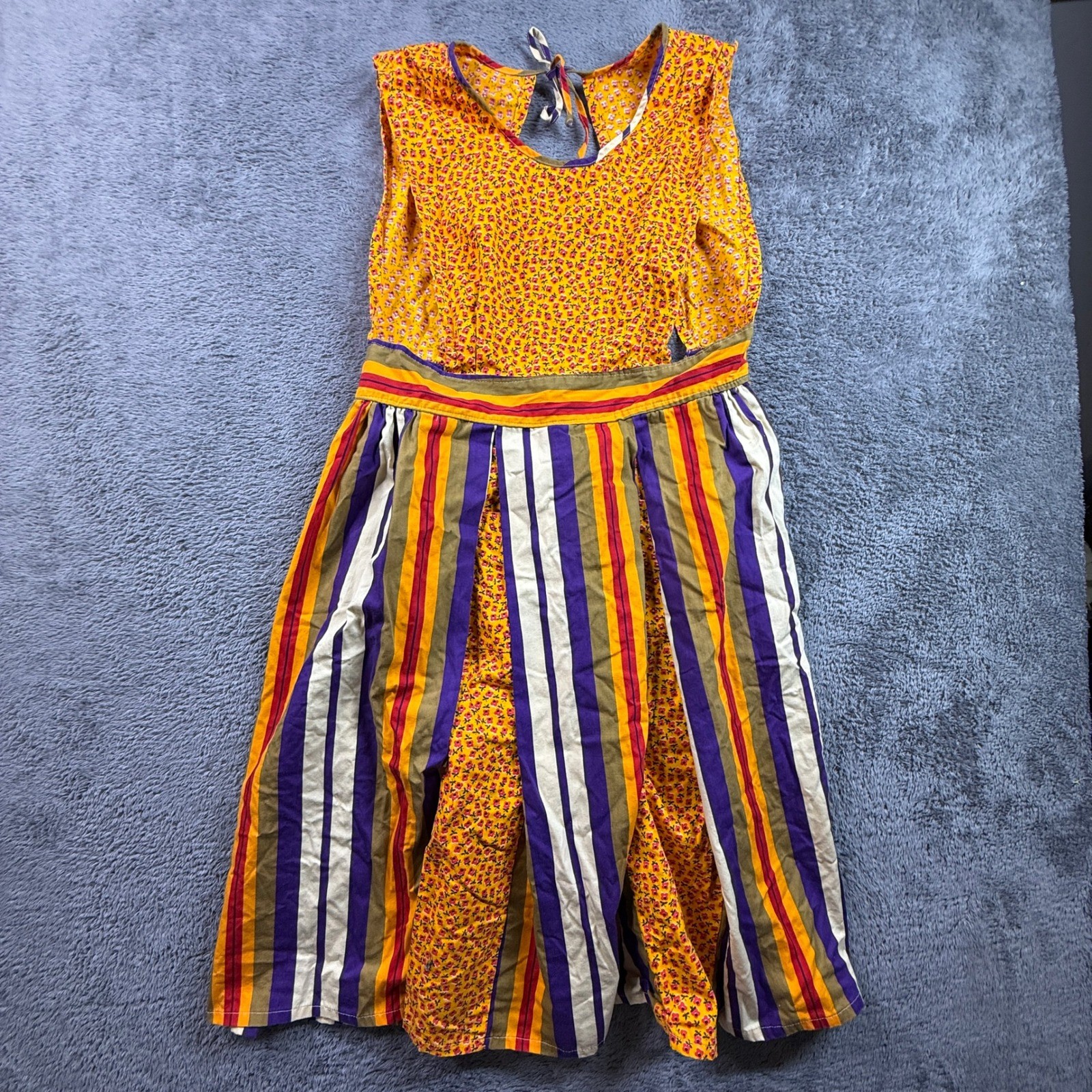 Handmade Striped Dress Womens M/L Yellow Purple Excellent Vintage Cottagecore