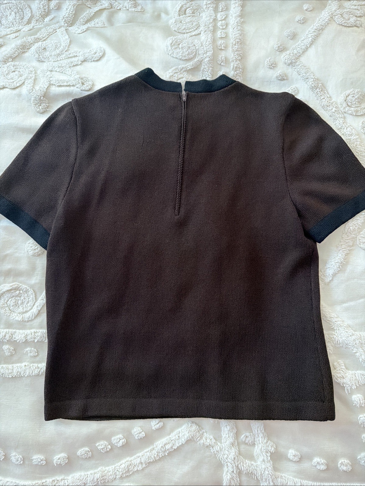 VTG St John Santana Knit Top Mock Neck Pullover LARGE Short Sleeve Brown Black