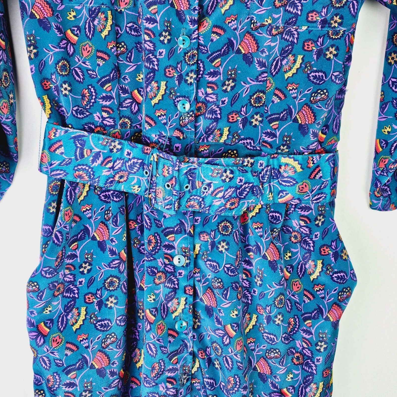 Vtg 1980’s Starlo Women’s Button Front Midi Belted Floral Dress w/ Pockets Sz 12
