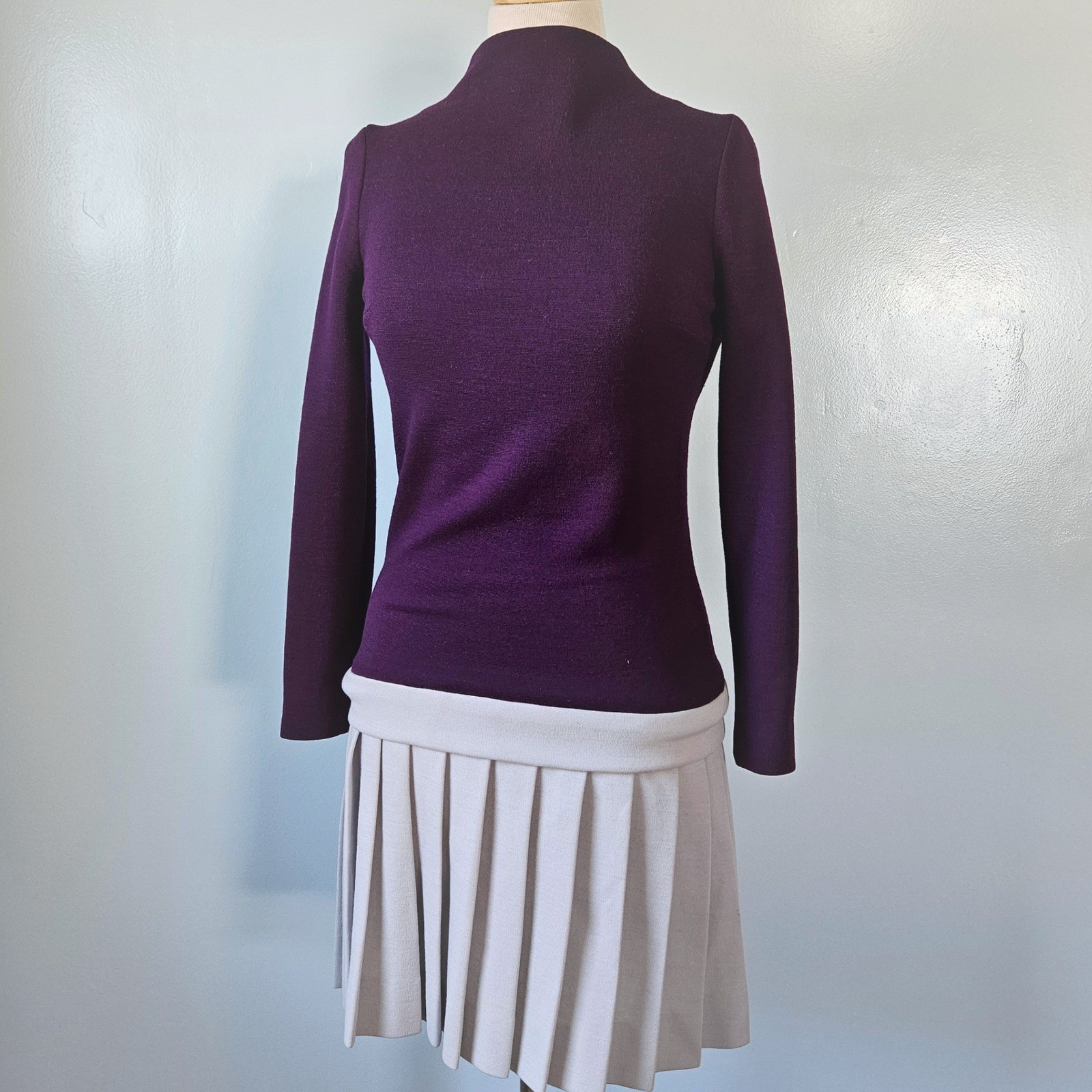 Vintage Kiwa Ltd Purple Gray Mock Neck Drop Waist Pleated Mini Dress Mod Wool M
