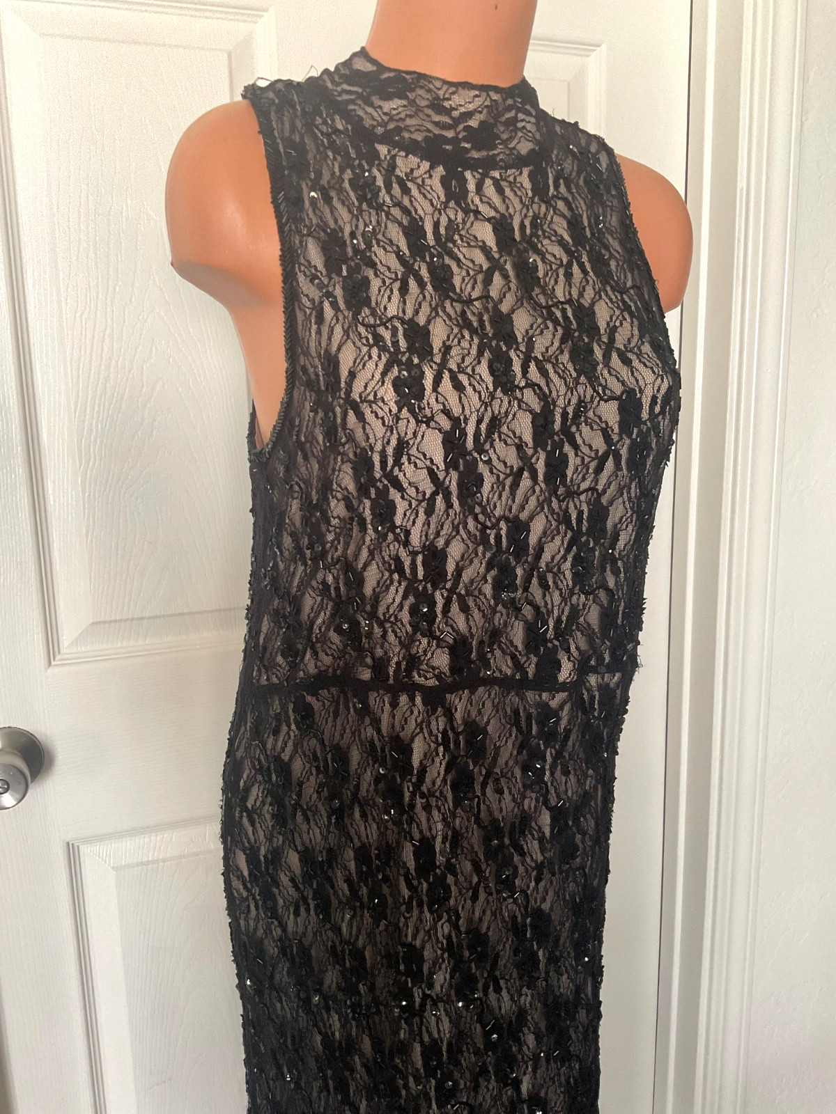 Vtg Nude Illusion Black Sequin Beaded Art Deco Dress Size Large