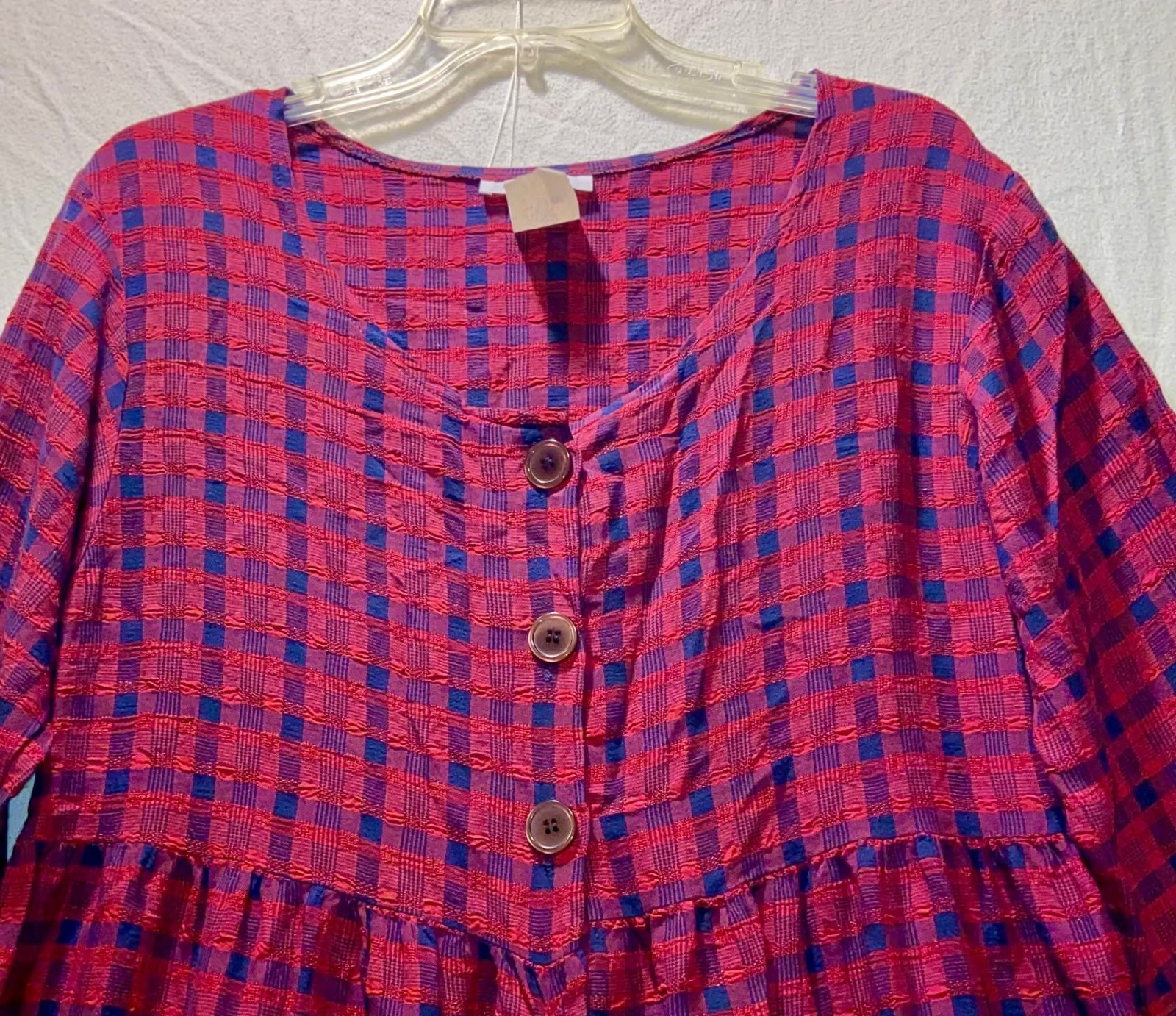 Vintage 90s Ellen Ashley Red Blue Plaid Long Sleeve Full Button Frt Maxi Dress M