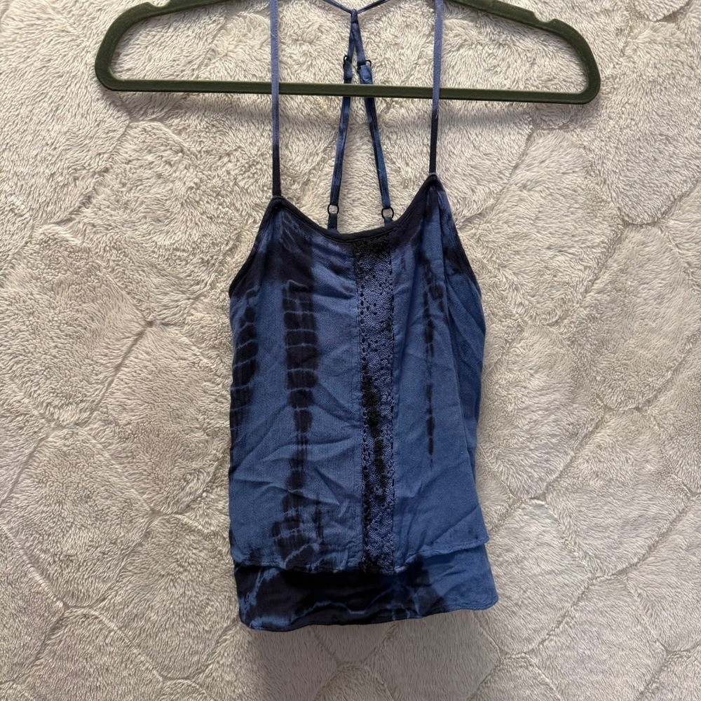 Angie Tie Dye Crochet Lace Trim Cami Tank Top Small Blue Boho Festival Y2K