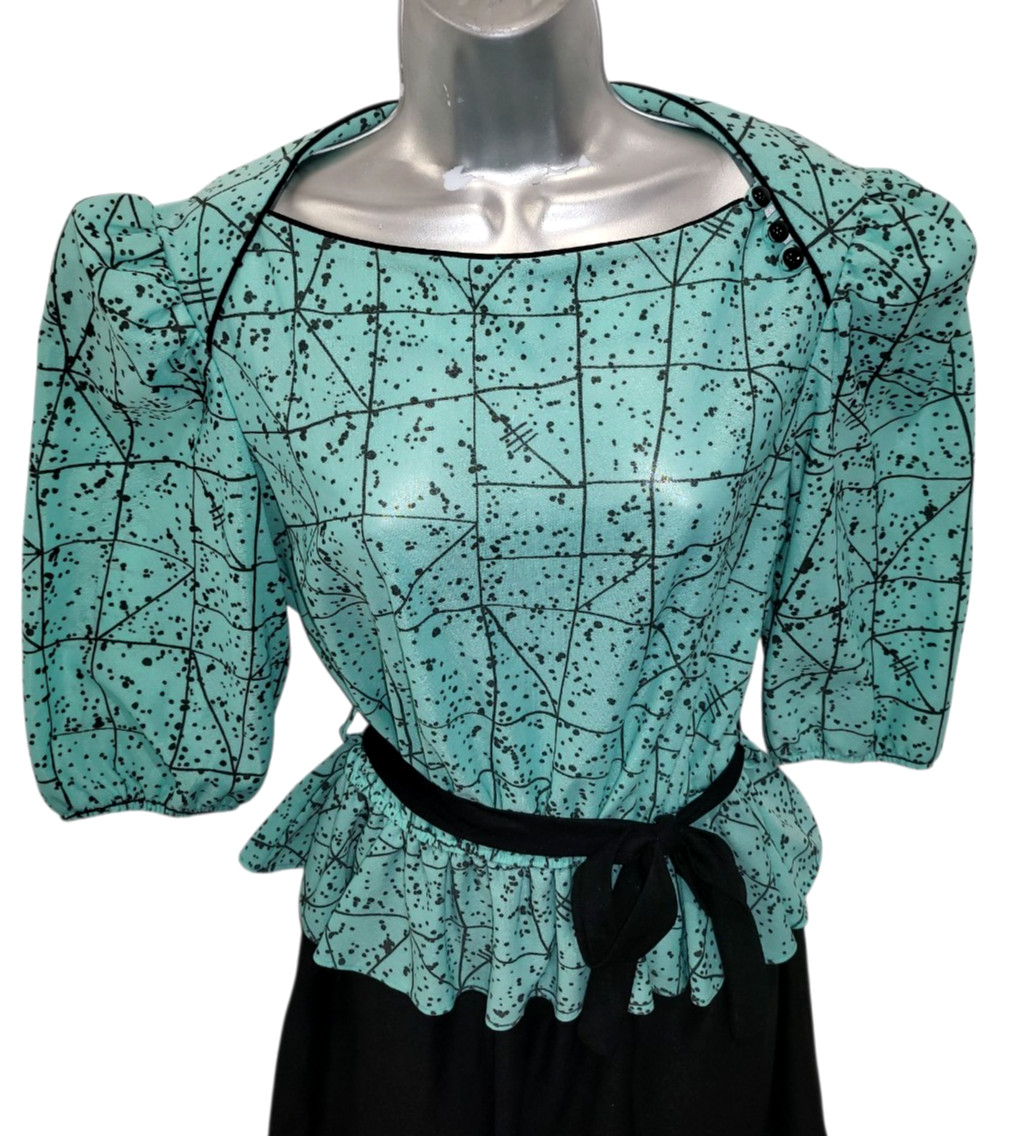 Vtg 80s KR of NY Awesome MINT GREEN BLACK GEO Print Top Black Skirt BOW Dress 16