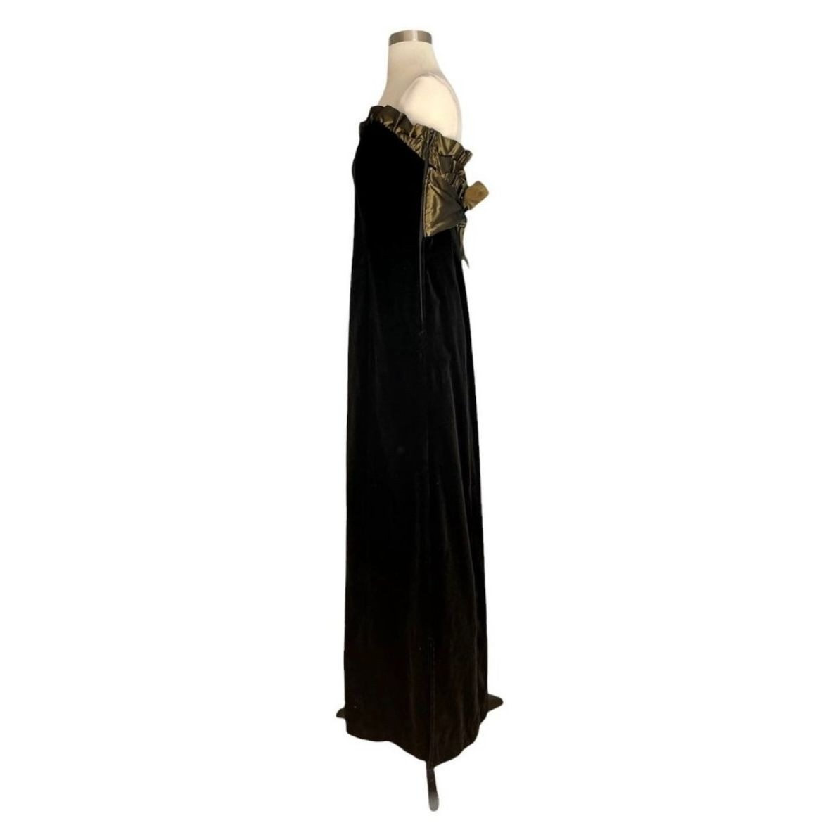 Vintage 90s Laura Ashley Black Velvet Gown Dress w/Olive Green Ruffle Trim S