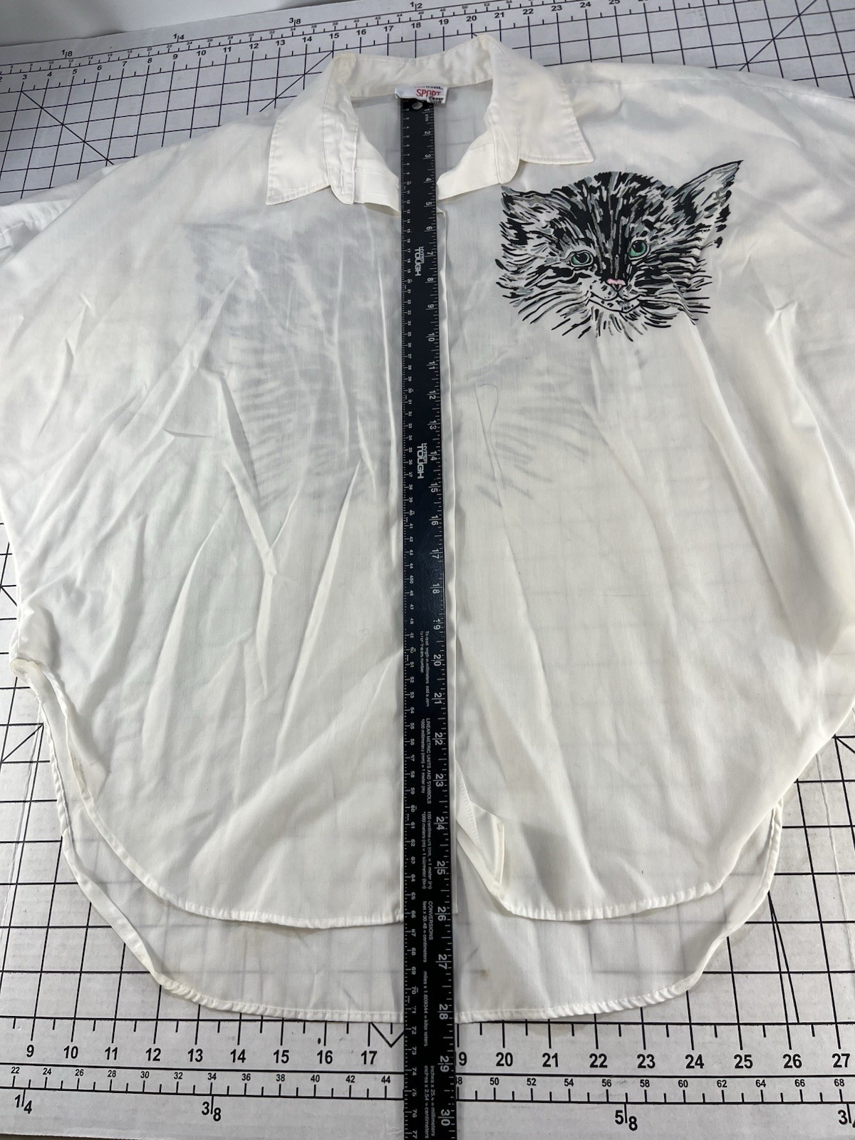 Vintage 80s 90s Kitten Cat Face Graphic Shirt White Oversized Dolman Sleeve L XL