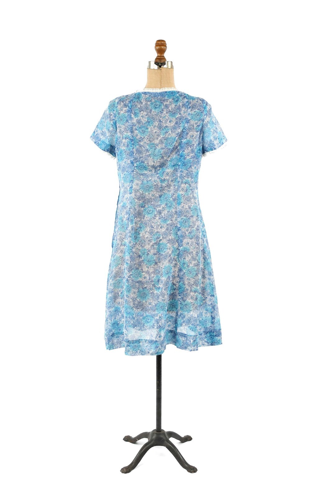 Vintage 50s Semi Sheer Cotton Blue Floral Novelty Print Cottage Prairie Dress M